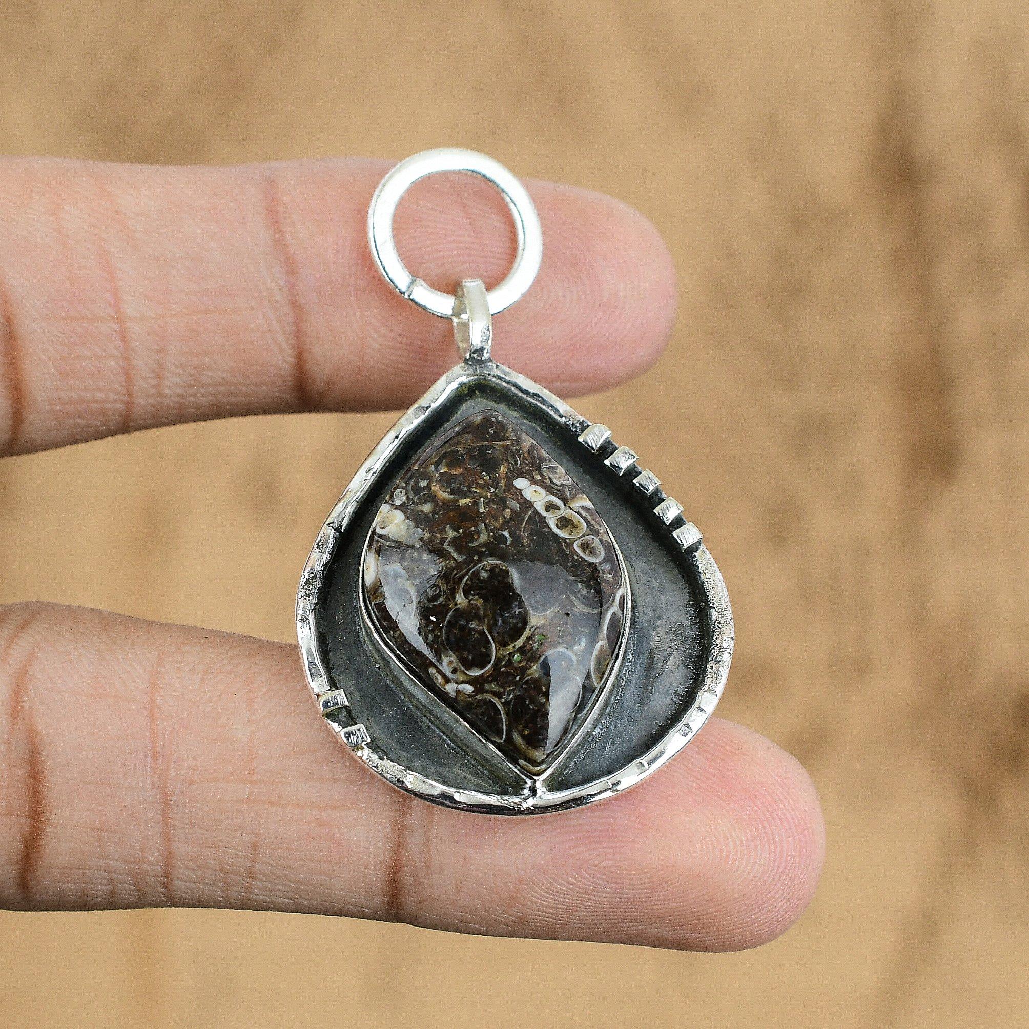 Marquise Natural Turritella Agate Ethnic Boho Sister Pendant 925 Sterling Silver