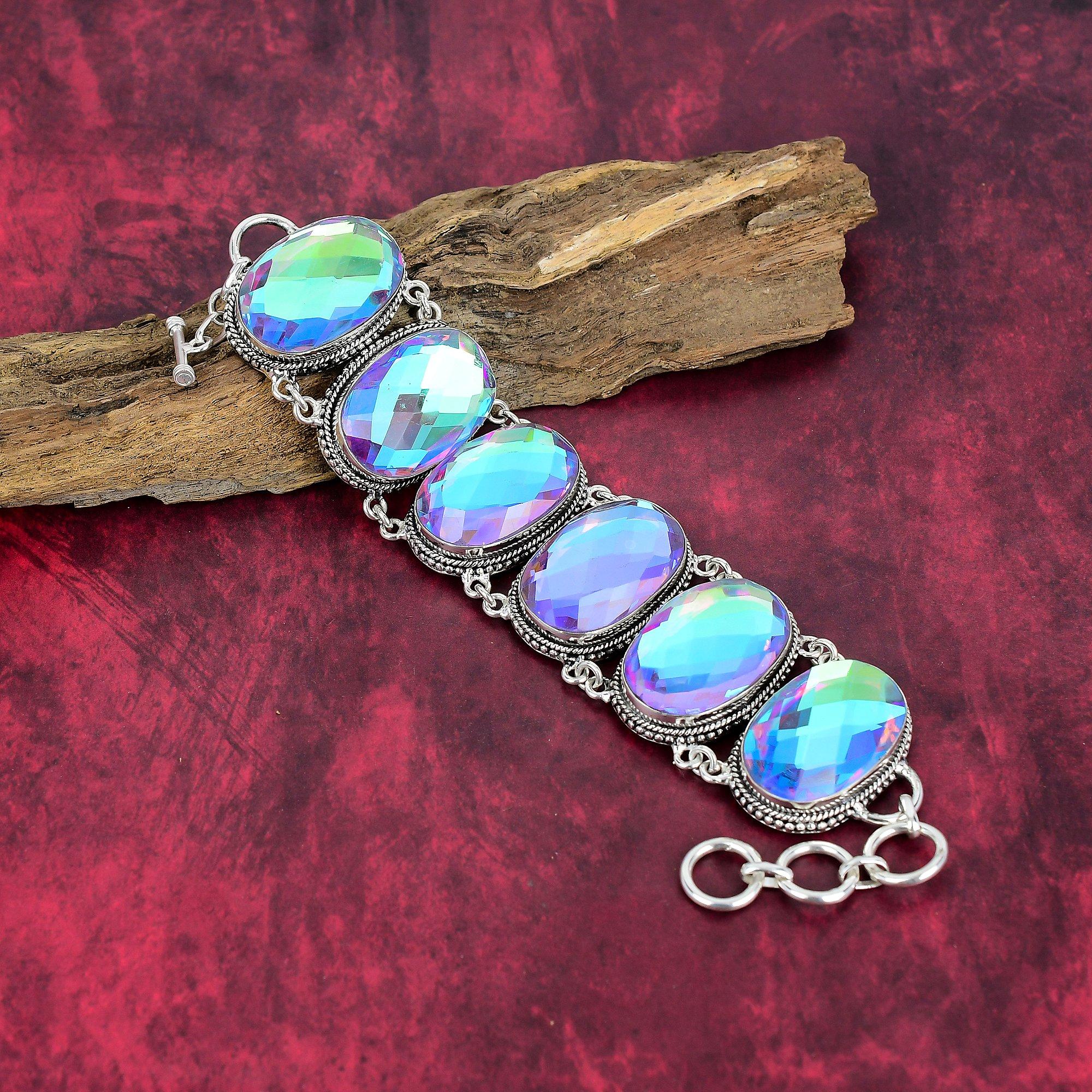 Fasetowany Mistyczny Topaz Ręcznie Robiona Biżuteria, Mistyczny Topaz Srebro Próby 925, Ręcznie Robiona Srebrna Bransoletka z Kamieniami Szlachetnymi Dla Miłości