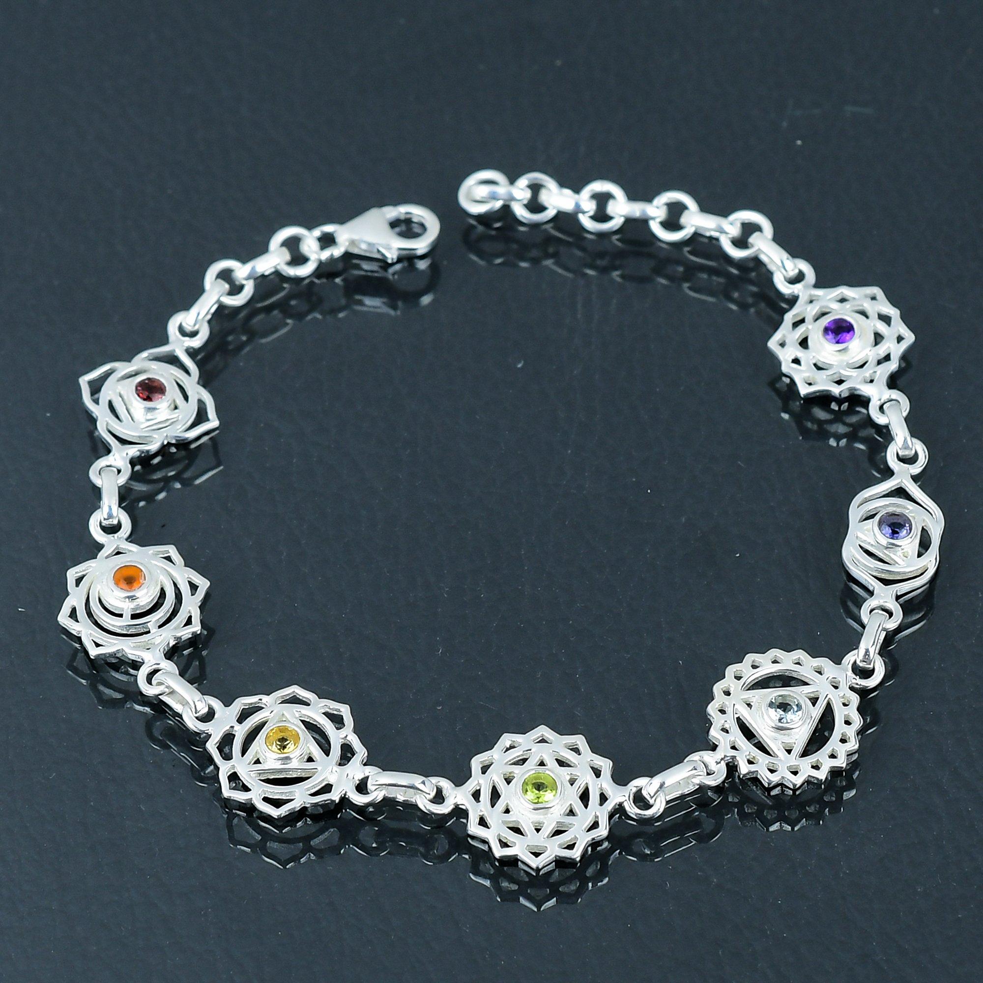 Natural Seven Chakra Gemstone Bracelet, 925 Sterling Silver, Link Bracelet, Handmade Multi Gemstone Chakra Bracelet Jewelry Gift For Valentine's Day