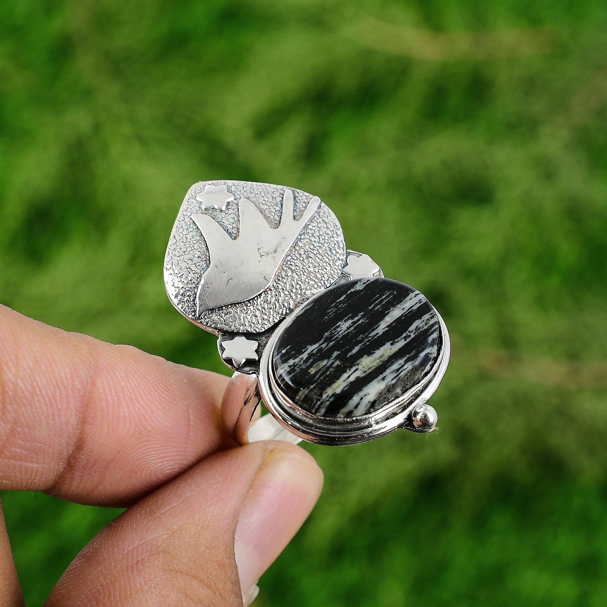 Natural Silver Leaf Jasper 925 Silver Statement Bird Stackable Boho Ring Jewelry