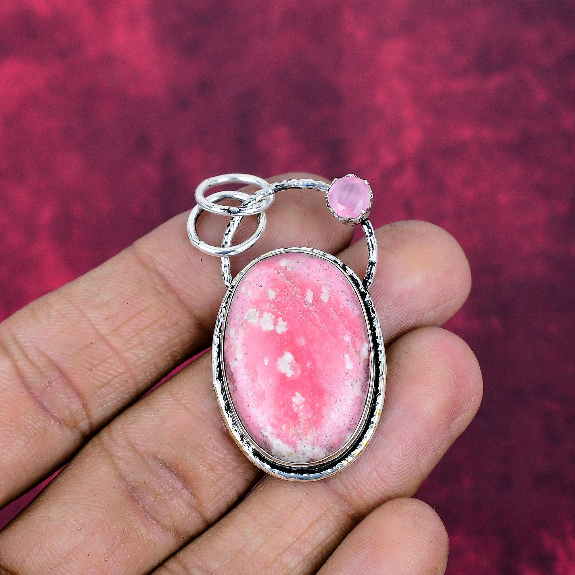 Pink Thulite & Rose Quartz Jewelry, 925 Solid Sterling Silver Pendant Handmade Gemstone Jewelry, Gifts For Wife Brand New Pendant Jewelry
