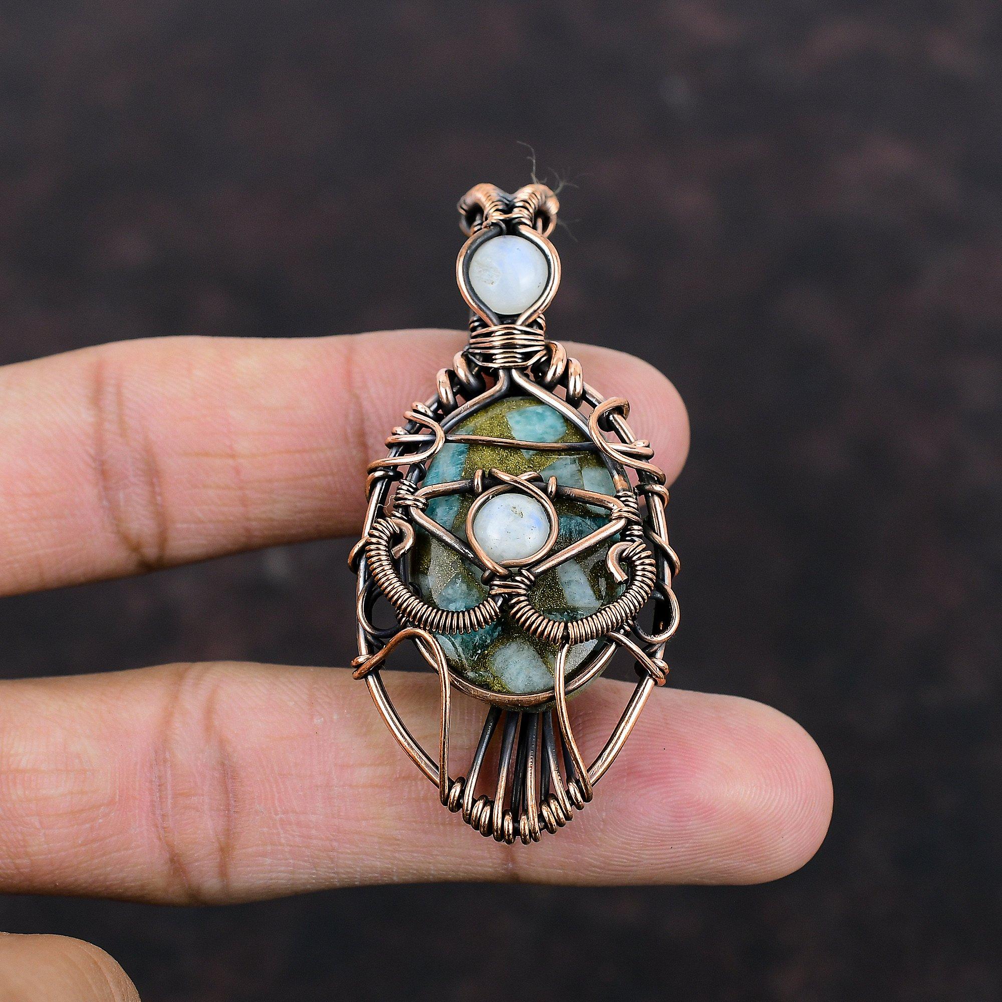 Pandantiv Ochi Rău Cupru Amazonit Pandantiv Piatră Prețioasă Înfășurat în Sârmă de Cupru Bijuterii Delicate Lucrate Manual Pandantiv Piatră Lunii Curcubeu Bijuterii din Sârmă de Cupru