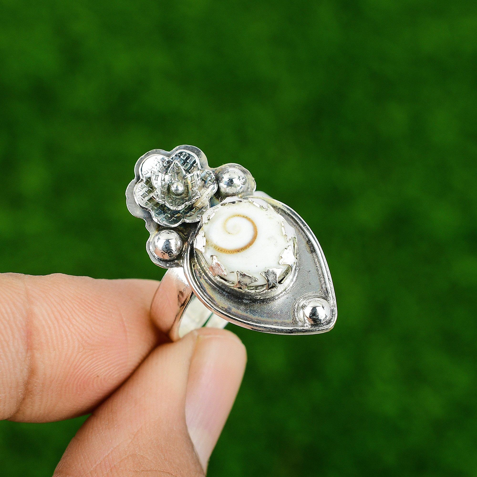 Natural Shiva Eye Shell Stackable Flower White Adjustable Ring 925 Silver