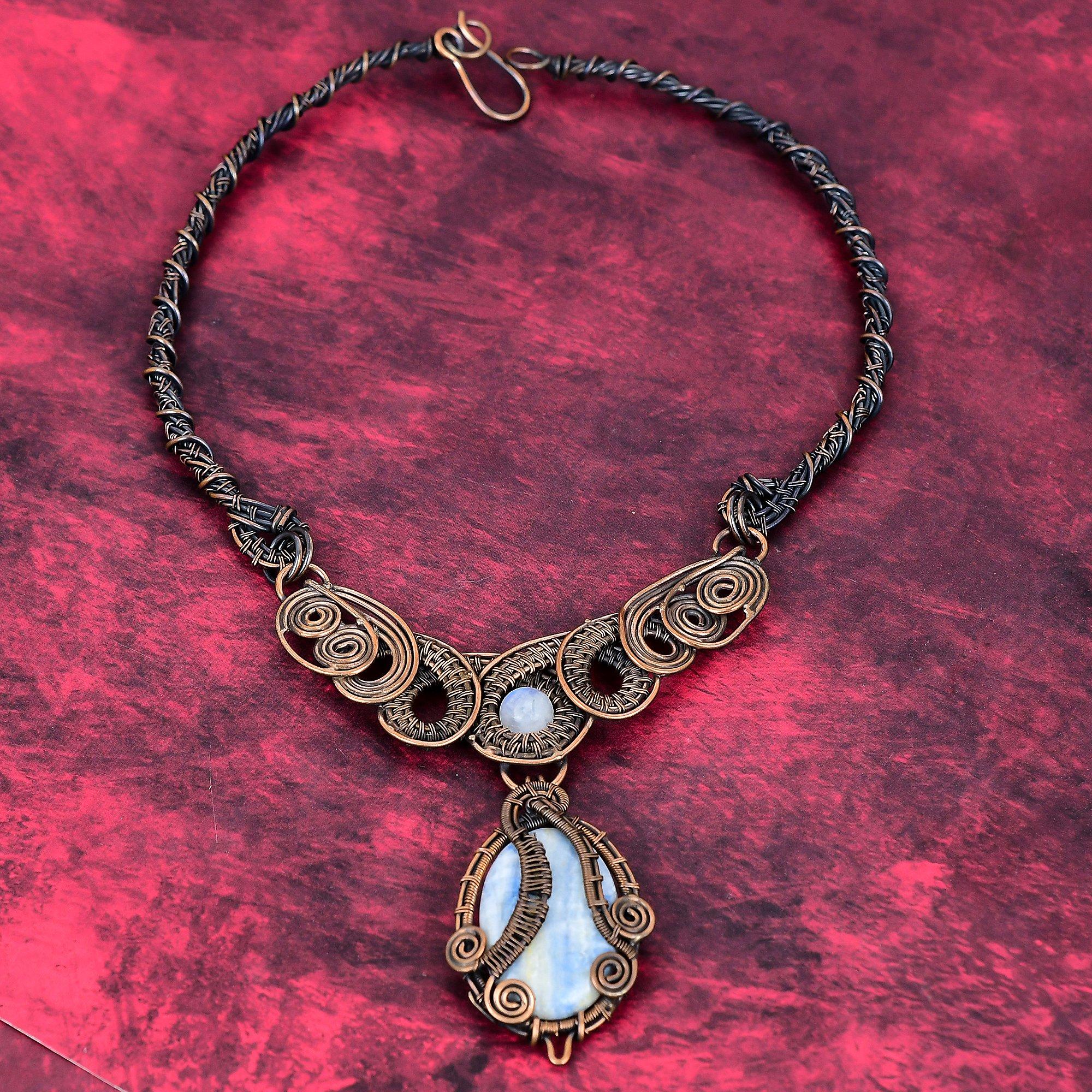 Blue Scheelite Necklace Copper Wire Wrapped Gemstone Jewelry Rainbow Moonstone Necklace Copper Handmade Necklace Gifts for Mom Wire Necklace