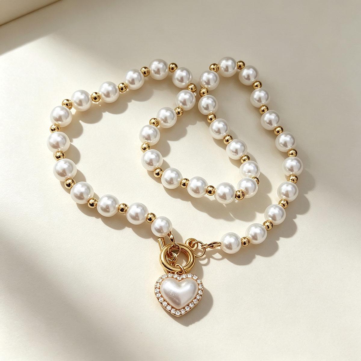 Japanese Korean Simple One Arrow Heart Imitation Pearl Necklace Niche Design Sweet Beaded Short Necklace Accessory