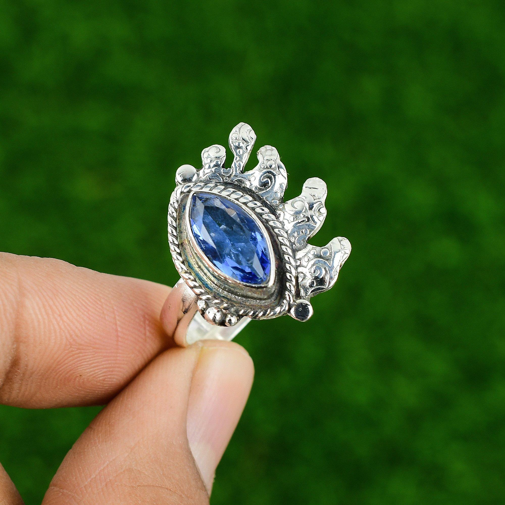 Natural Tanzanite Quartz Gemstone 925 Silver Promise Adjustable Ring For Girls