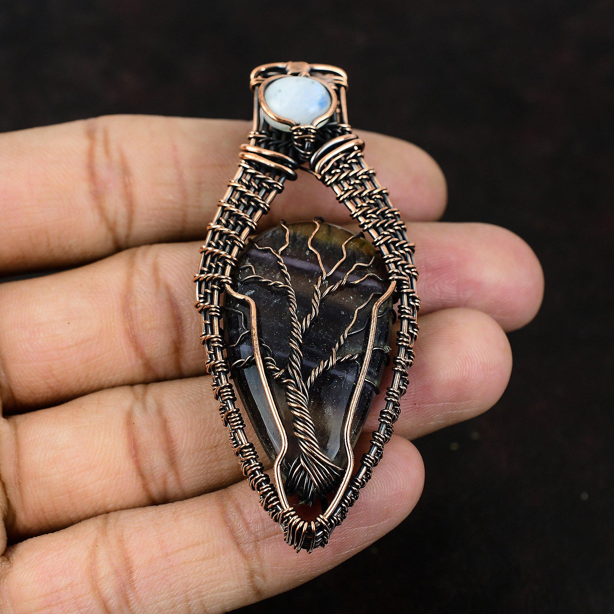 Tree Of Life Multi Fluorite Gemstone Pendant Copper Wire Wrap Pendant Gift For Her Tree Of Life Rainbow Moonstone Jewelry Handmade Jewelry