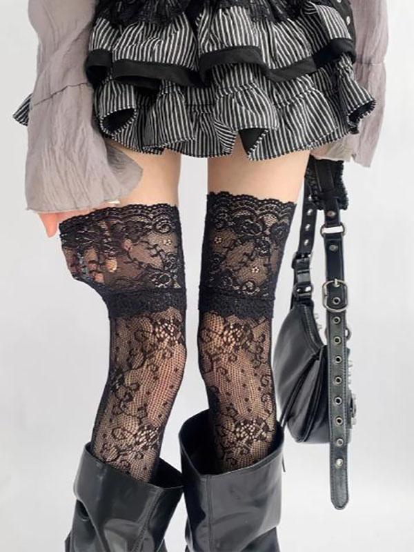 Women's Sexy Lace Trim Nylon Fishnet Stockings Retro Floral Sweet Mesh Breathable Thigh High Long Socks JK Over The Knee Socks