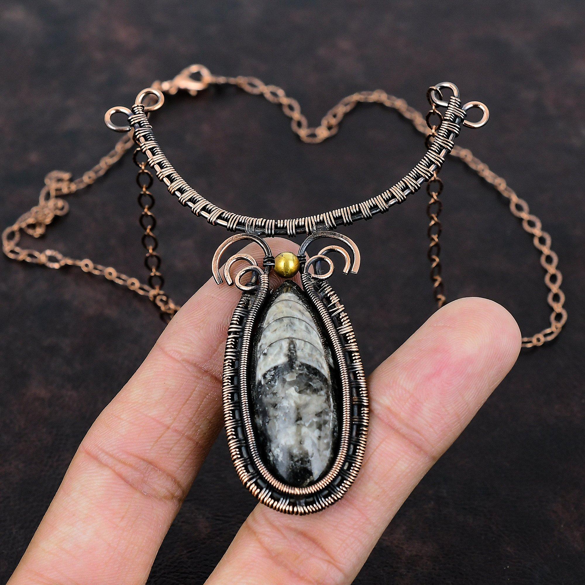 Orthoceras Fossil Necklace Copper Wire Wrapped Handmade Jewelry Gemstone Copper Necklace Adjustable Necklace Wire Wrapped Necklace For Gift