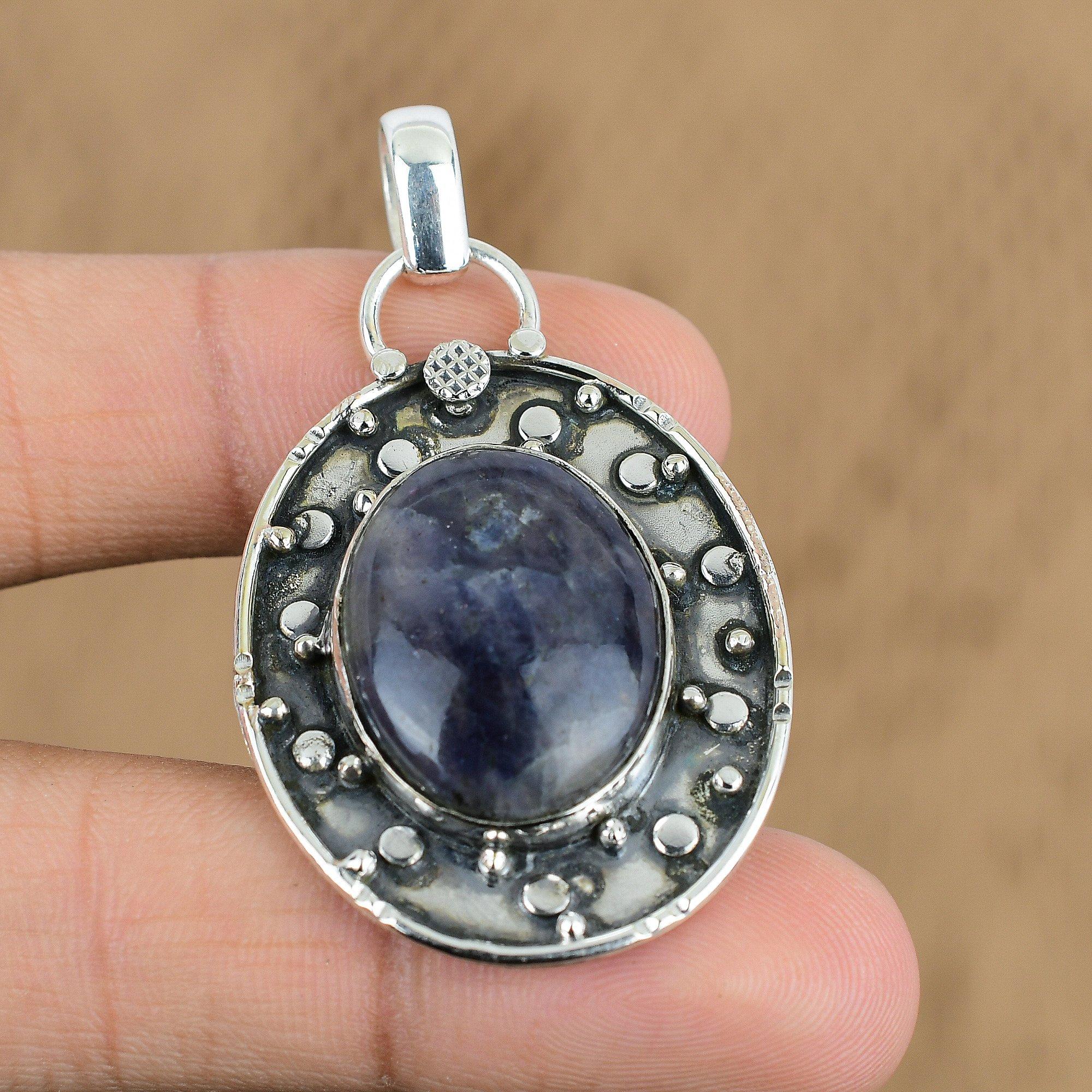 Womens Day Sale Sterling Silver Iolite Sunstone Gemstone Sacral Chakra Pendant