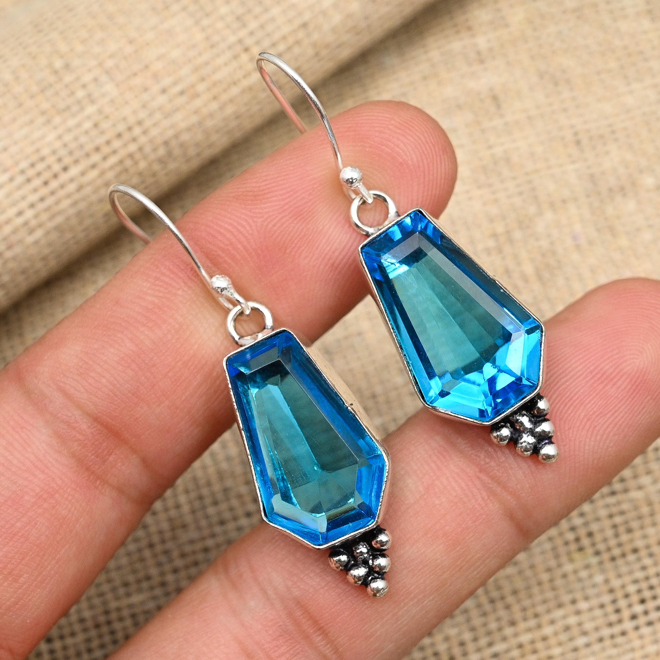Charming Blue Topaz Gemstone Handmade 925 Sterling Silver Earring Jewelry