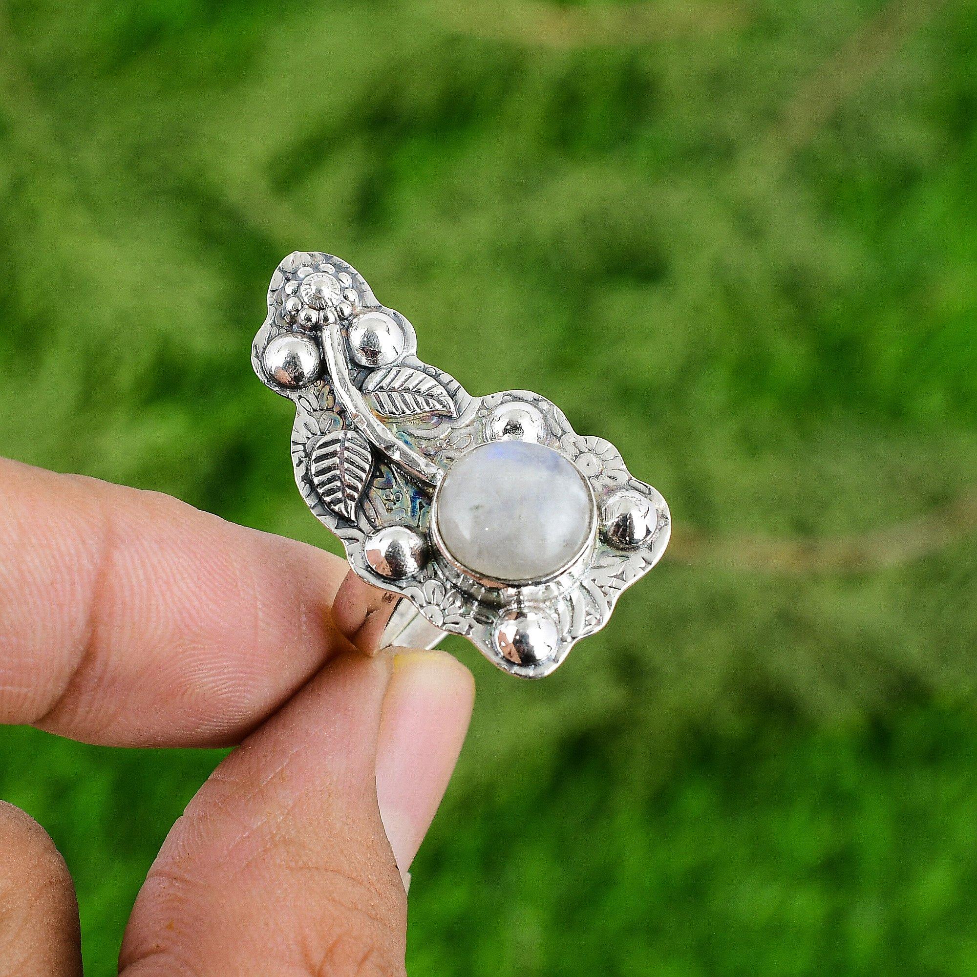 Mothers day Sale Round Rainbow Moonstone Gemstone 925 Silver Flower Ring Jewelry
