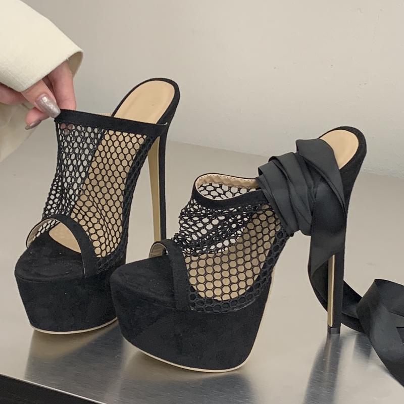 Eilyken Fashion Summer Mesh Detachable Strap Sandals Slippers Women's Banquet Nightclub Platform Thin High Heels Slide Shoes