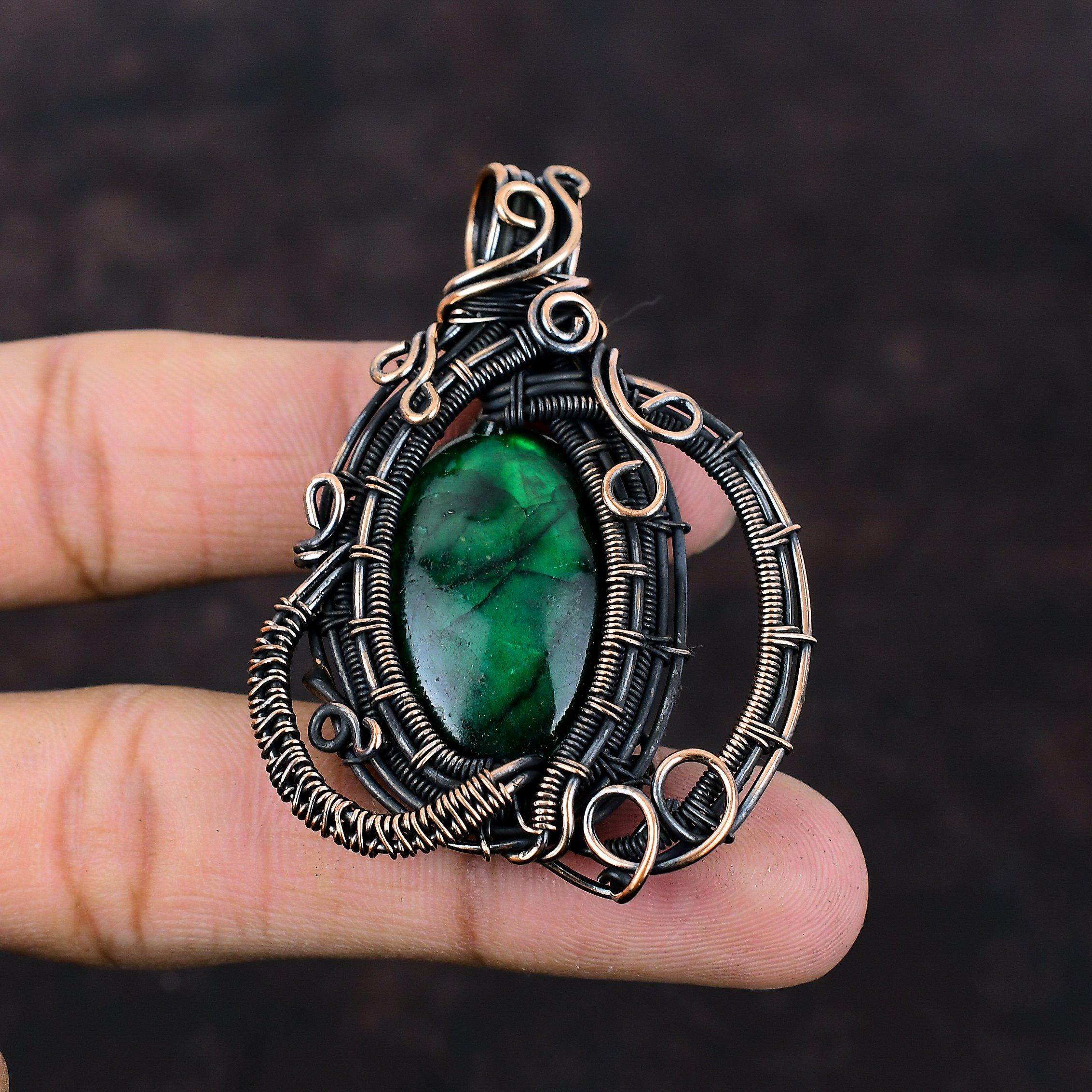 Dark Green Fire Labradorite Pendant Copper Wire Wrapped Gemstone Pendant Dainty Copper Jewelry Handmade Pendant Amazing Pendant Gift For Her