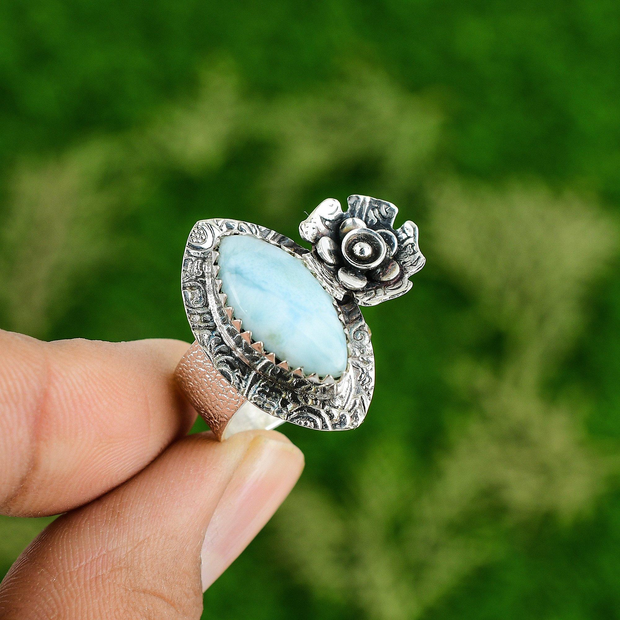 Natural Larimar Gemstone Promise Flower Ring Size 7 925 Silver For Girls