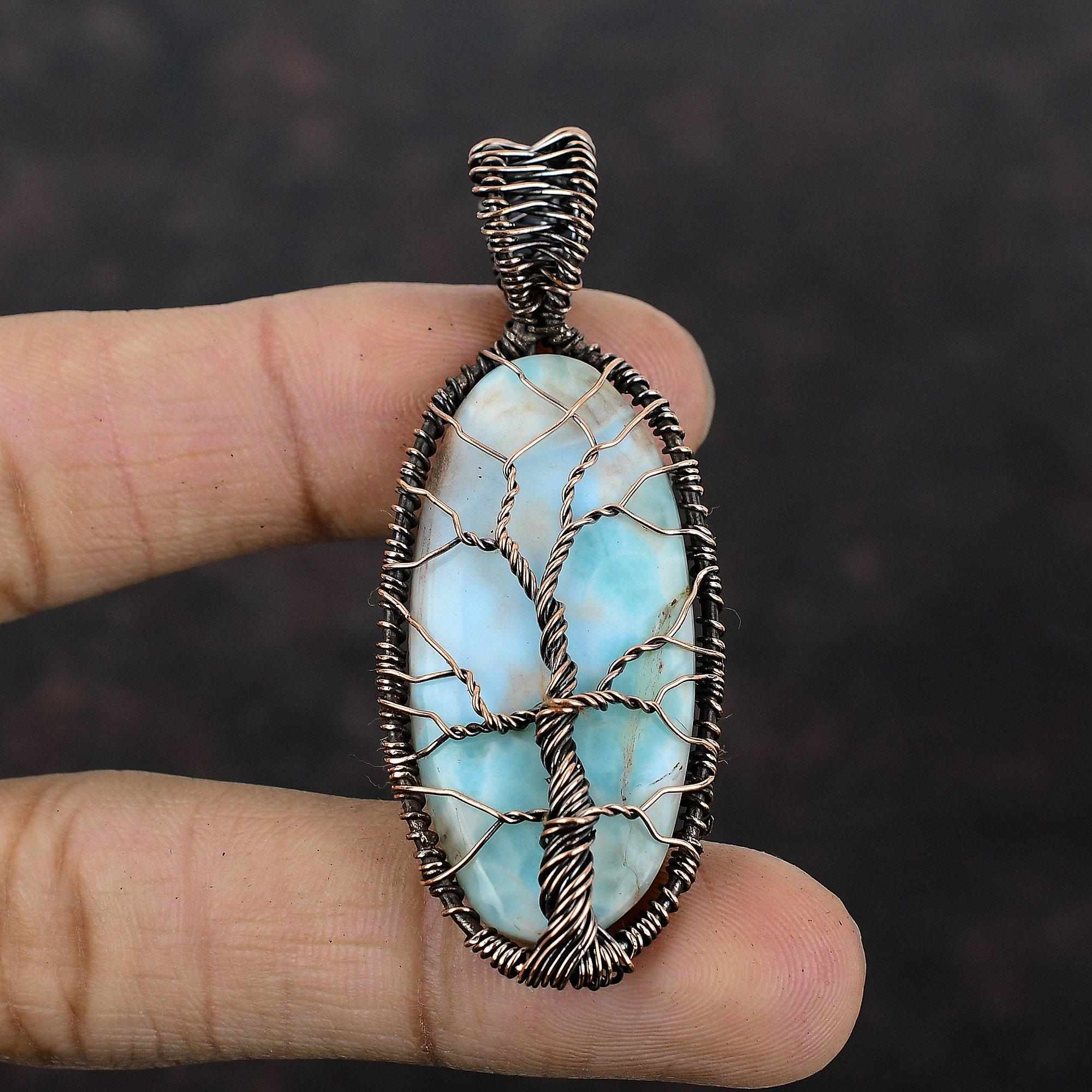 Tree Of Life Larimar Gemstone Pendant Copper Wire Wrapped Jewelry Unique Copper Design Jewelry Handmade Dainty Pendant Gift For Her & Mother