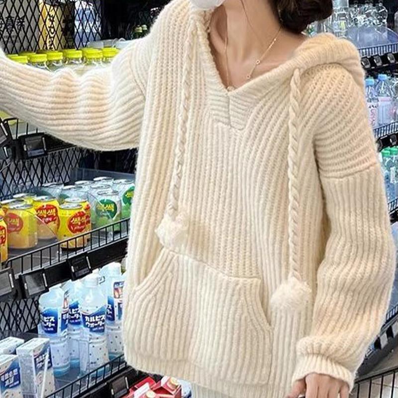 Sweat-shirt à capuche tricoté mi-long, ample, grande taille, pull épais pour femmes