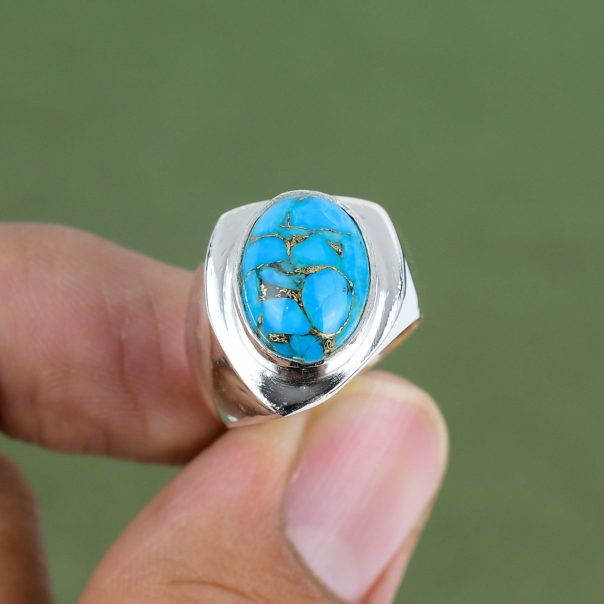 Copper Blue Turquoise Ring 925 Sterling Silver Ring Latest Design Jewelry Gemstone Ring Handmade Ring Gift For Mother Available In Ring Size