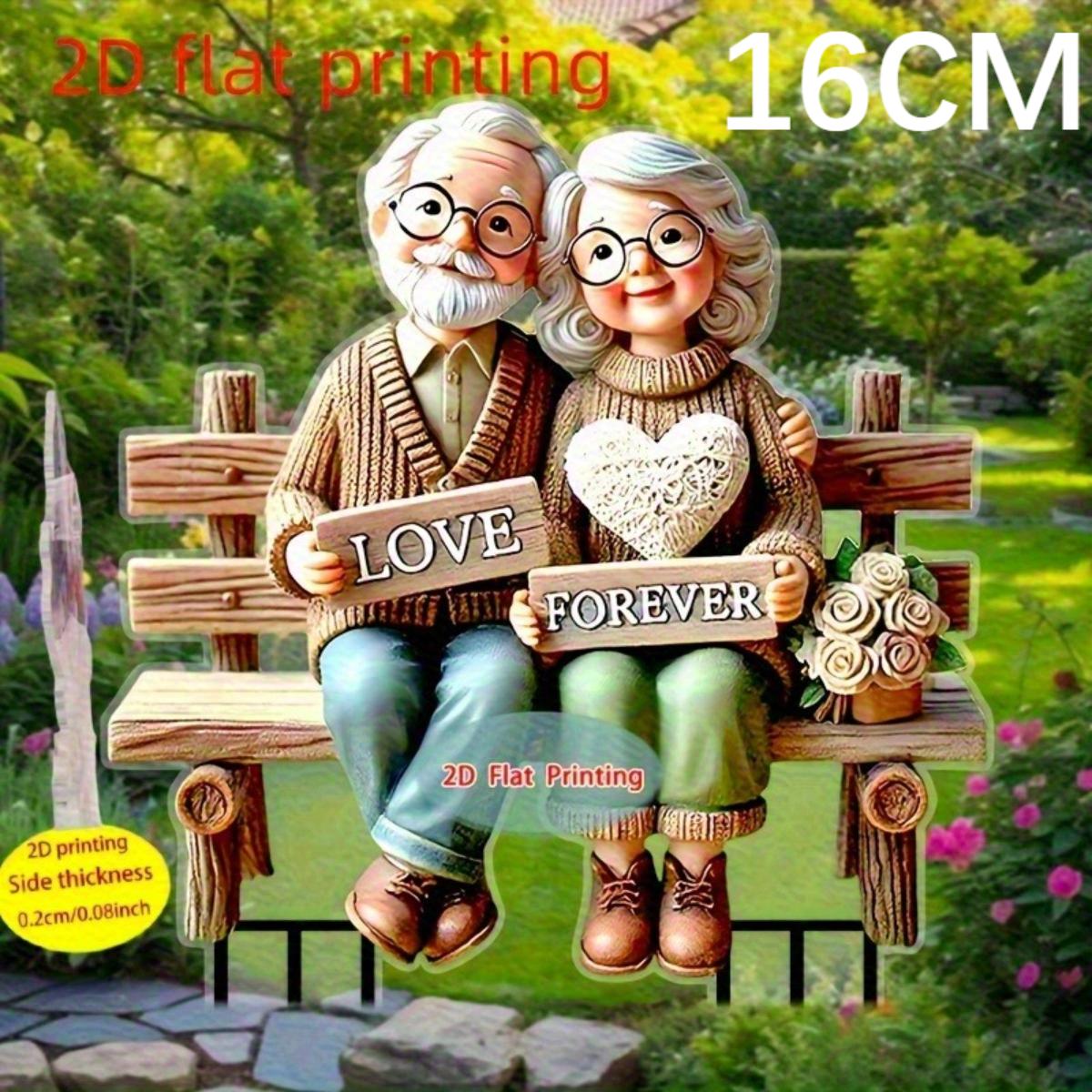 2D Romantic Grandparents on Bench Garden Stake Decor for Lawn Planter Patio, Ideal Festival & Elderly Gift, Perfect Garden Ornament