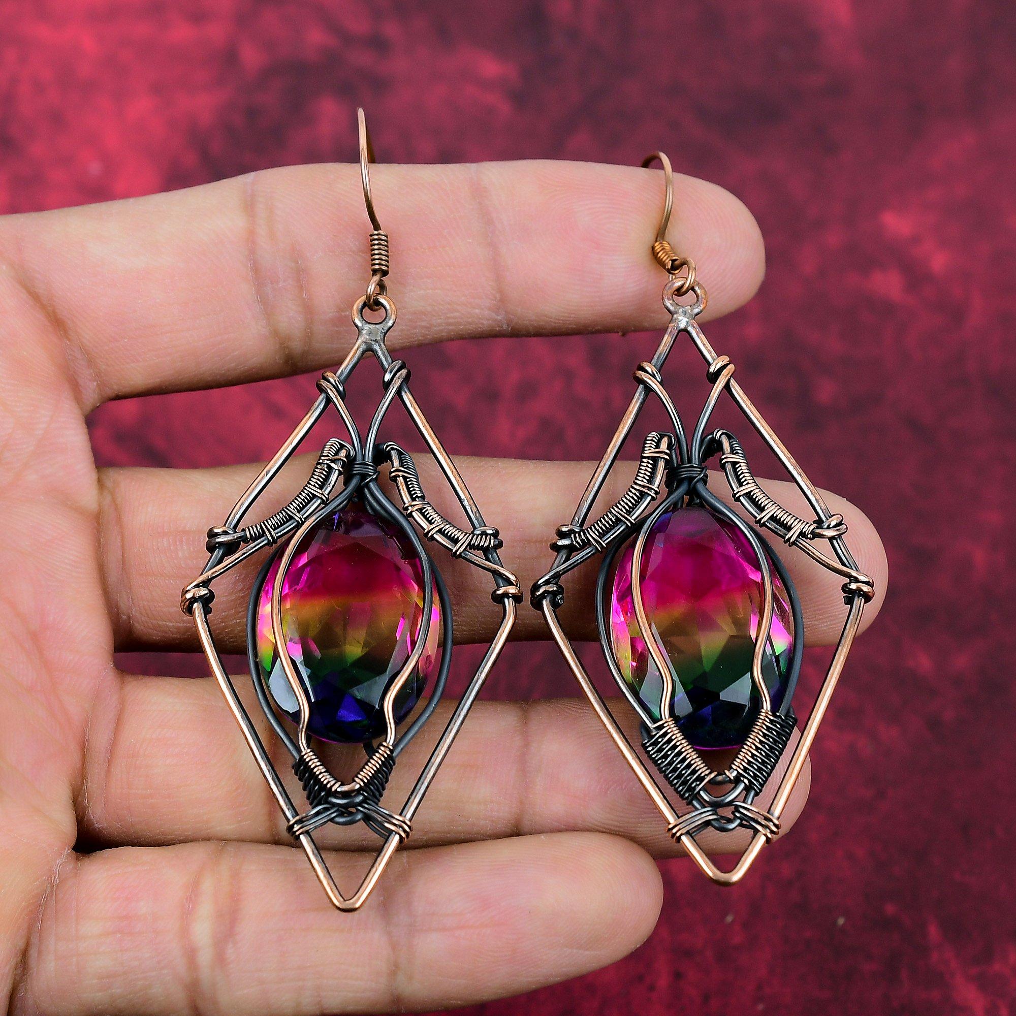 Faceted Multi Tourmaline Earring Copper Wire Wrapped Earrings Handmade Copper Jewelry Gemstone Earring Gifts For Women Wire Wrapped Jewelry
