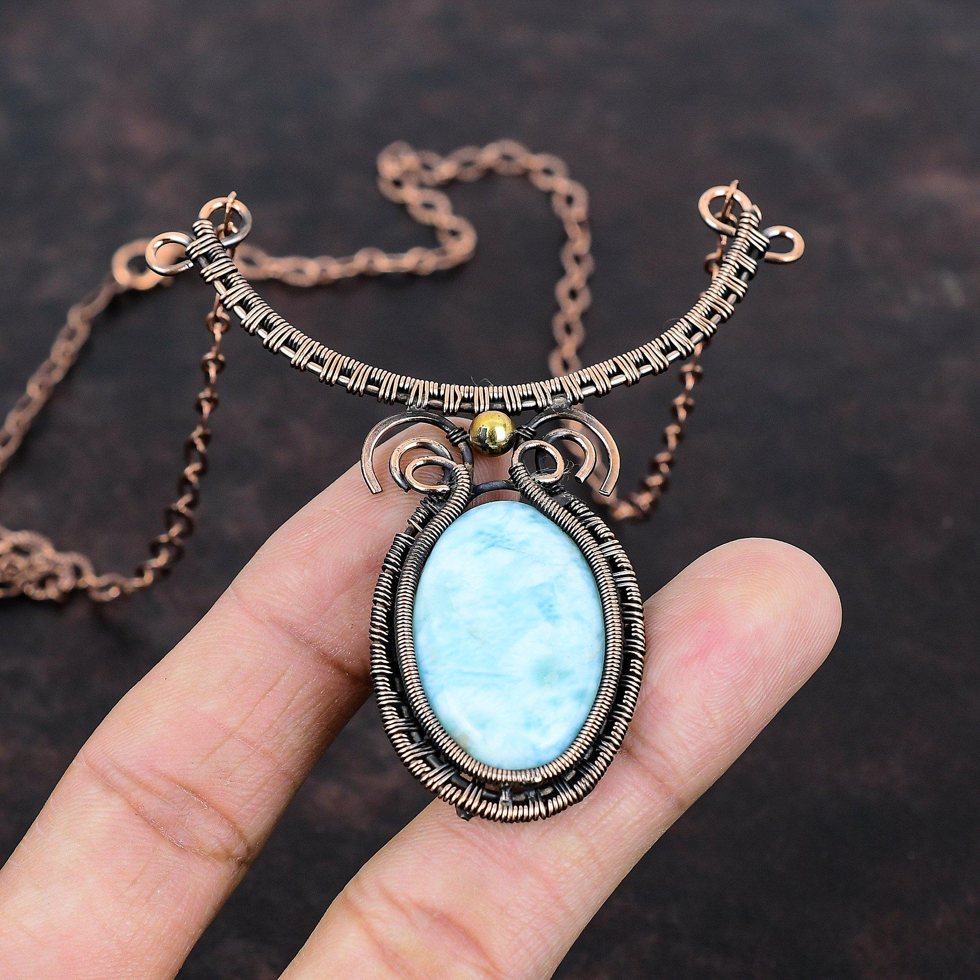Larimar Necklace Copper Wire Wrapped Jewelry Gemstone Necklace Adjustable Necklace Copper Wire Wrapped Necklace Handmade Jewelry For Gifts