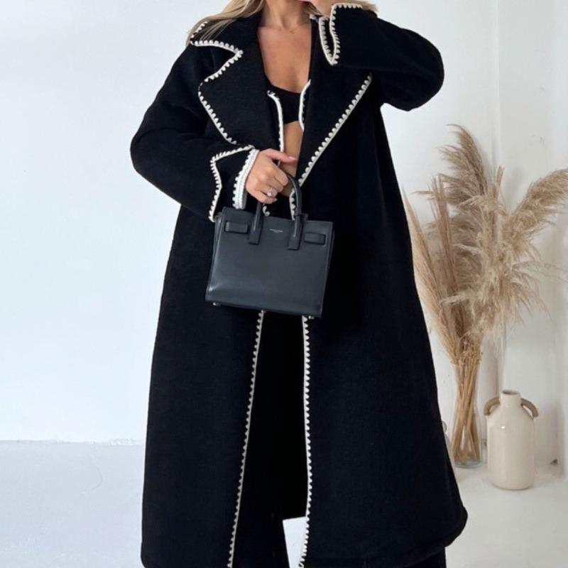 Fashion Embroidery Long Wool Coat Women Vintage Turn-down Collar Jacket Winter Elegant Casual Warm Windproof Outerwear