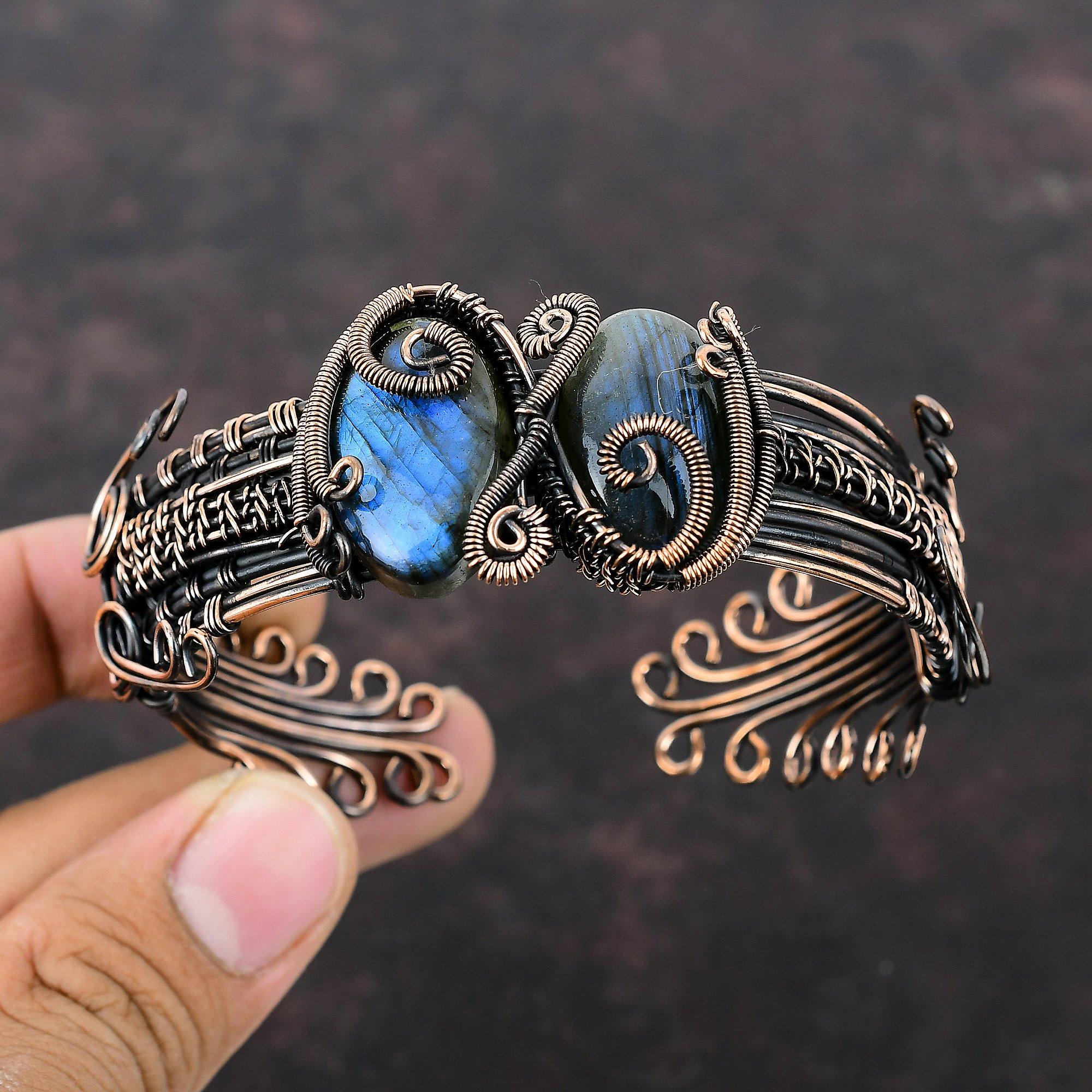 Labradorite Bangle Copper Wire Wrapped Adjustable Cuff Bracelet Handmade Bangle Wire Jewelry Gemstone Cuff Bracelet Copper Jewelry For Gift