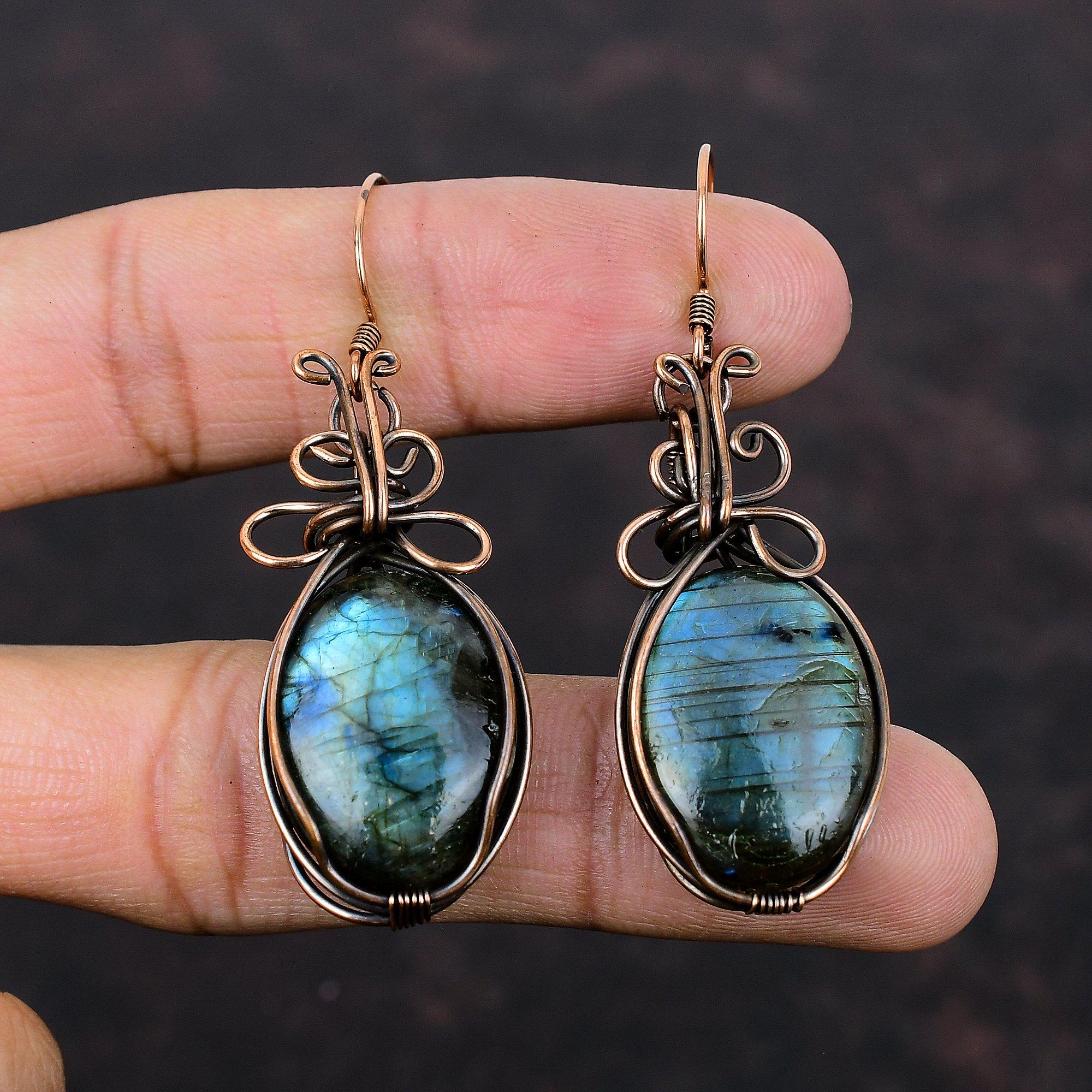 Labradorite Gemstone Earring Copper Wire Wrapped Earrings Handmade Jewelry Drop Earring Copper Wire Wrapped Jewelry Stylish Earring For Gift