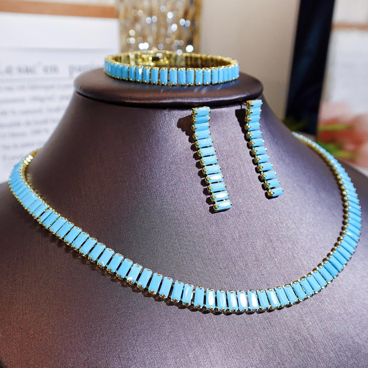 CMM CMM 3PCS European Square Natural Zircon Retro Ethnic Necklace Drop Earrings Fashion Lucky Women's Jewelry Set