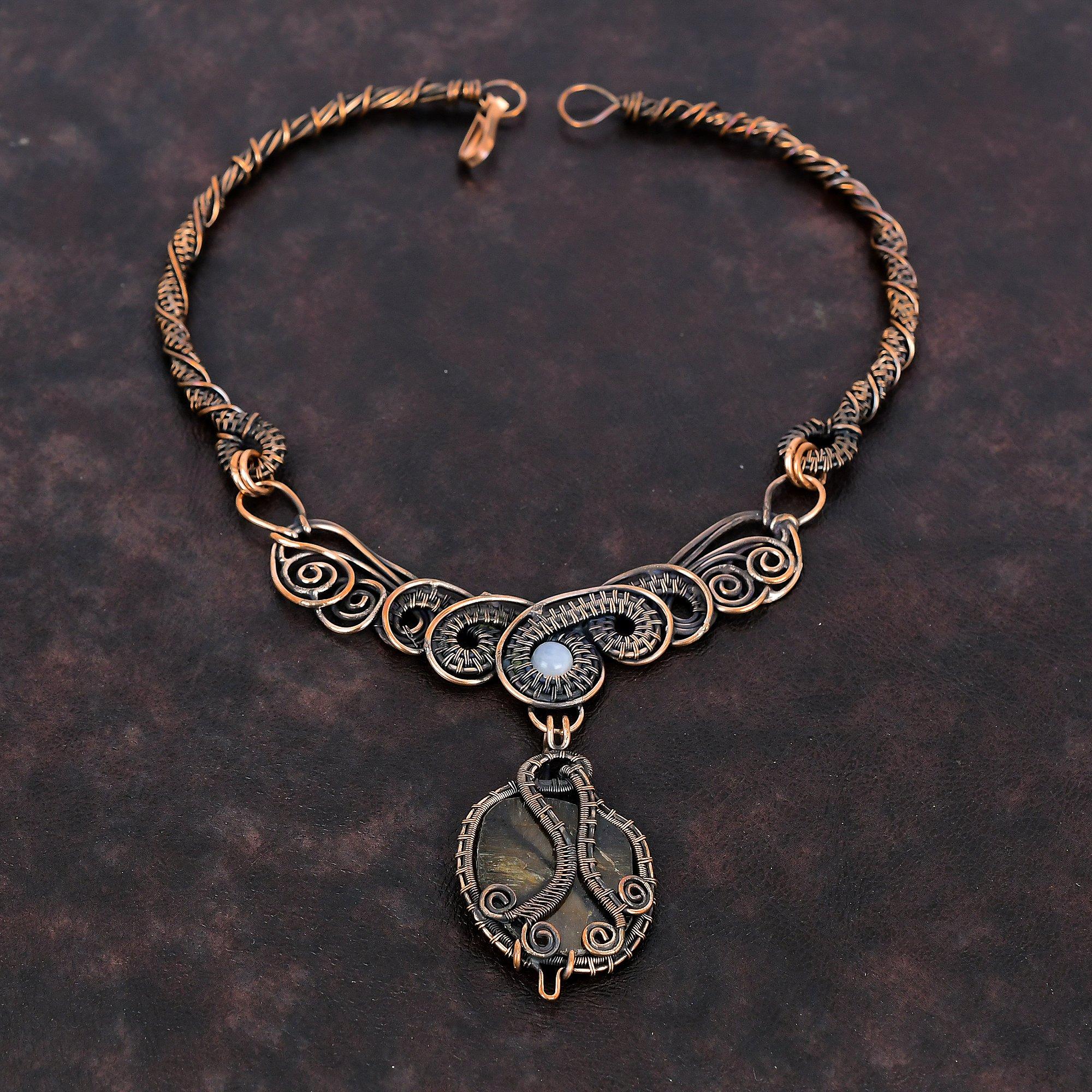 Chiastolite Necklace Copper Wire Wrapped Necklace Natural Gemstone Jewelry Rainbow Moonstone Necklace Handmade Copper Jewelry Gift For Women