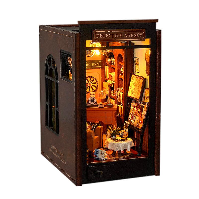 DIY Book Nook Insert Shelf Kits Wooden Miniature Model Kit Detective Agency Casa Bookend Assembled Bookshelf Home Decor