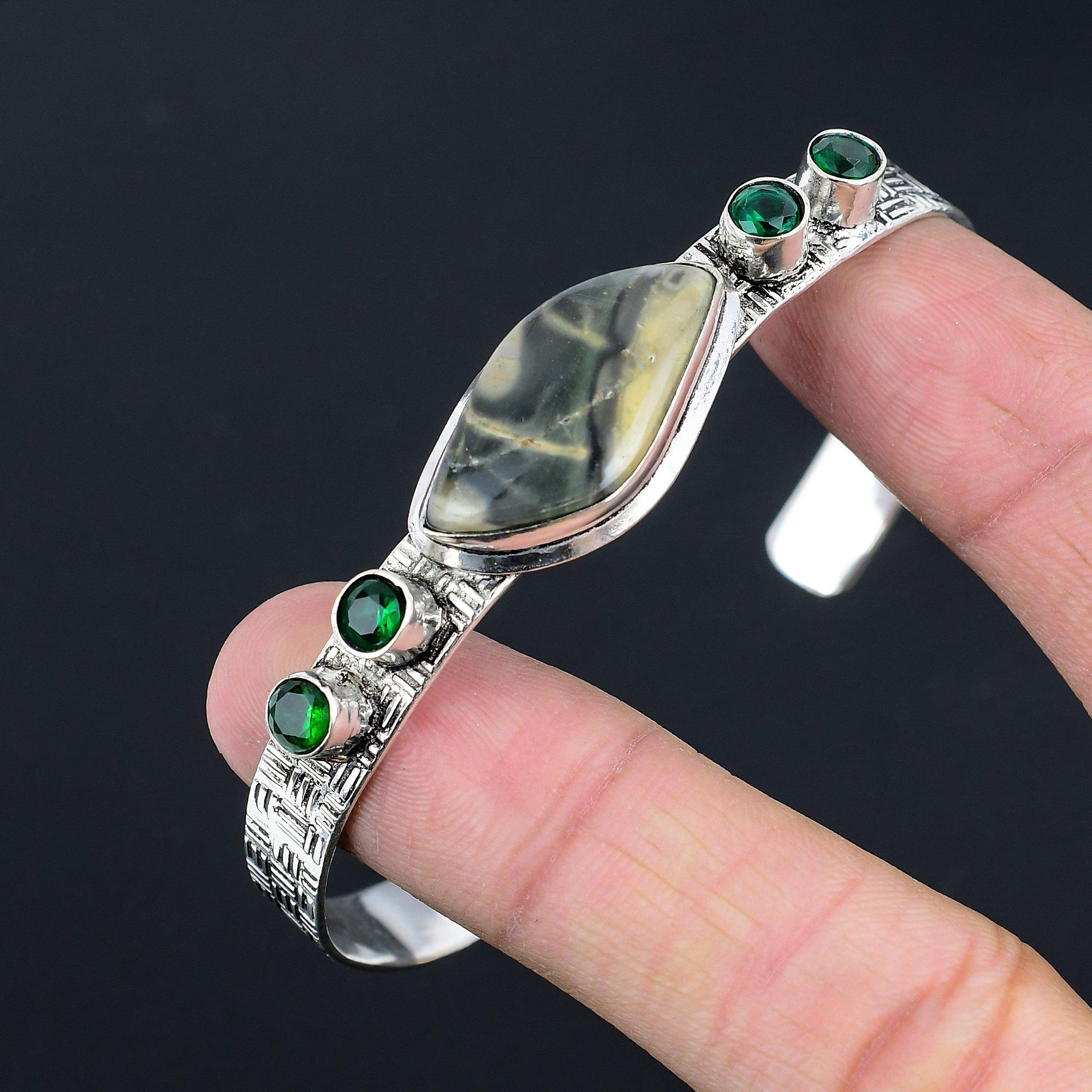 Bracelet Unique Bijoux en Argent Sterling Agate Fumée Naturelle Diopside Chrome Sœur