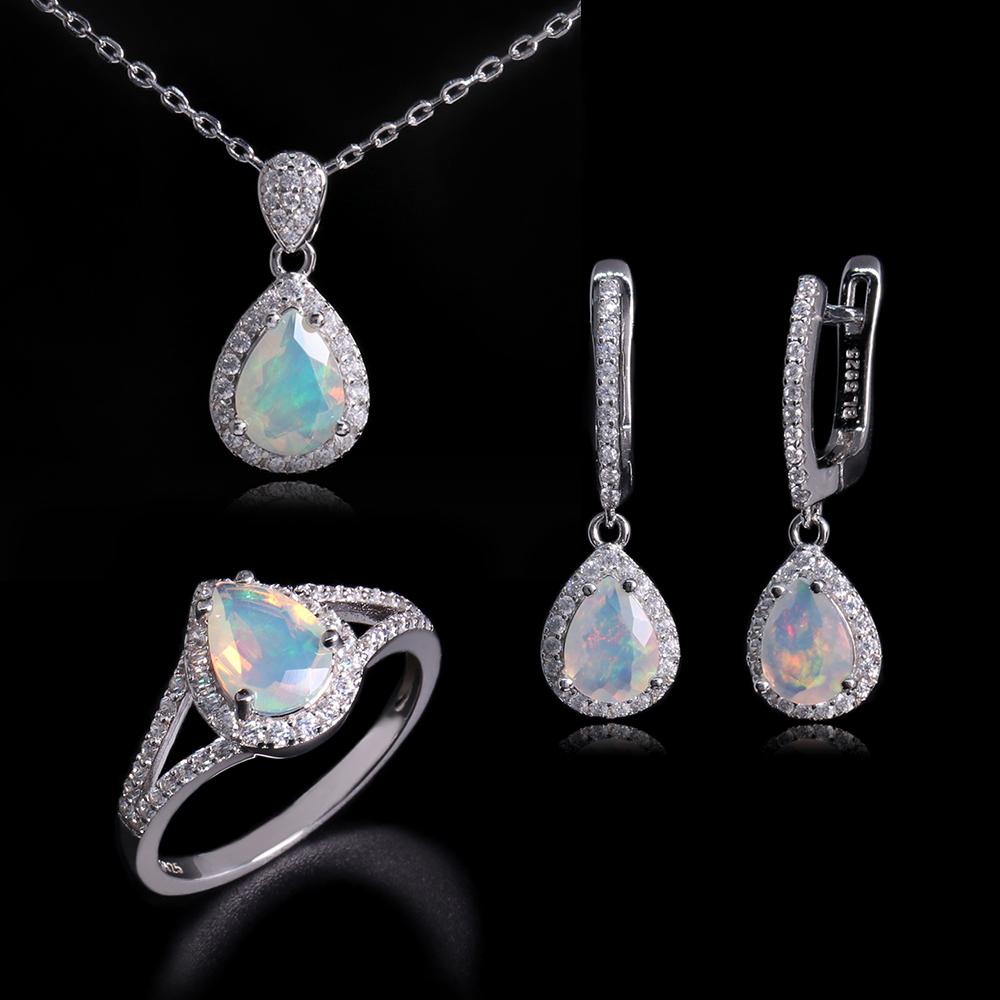 925 Sterling Silver Jewelry Set with  Ethiopia Opal Gemstones Fine Jewelry Earrings Pendant Ring for Women Daily Wear Nice Gift