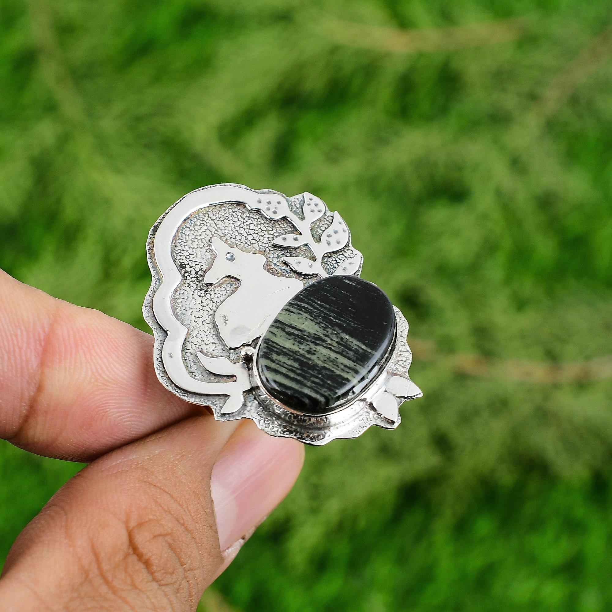 925 Sterling Silver Natural Silver Leaf Jasper Promise Mother Boho Ring Jewelry
