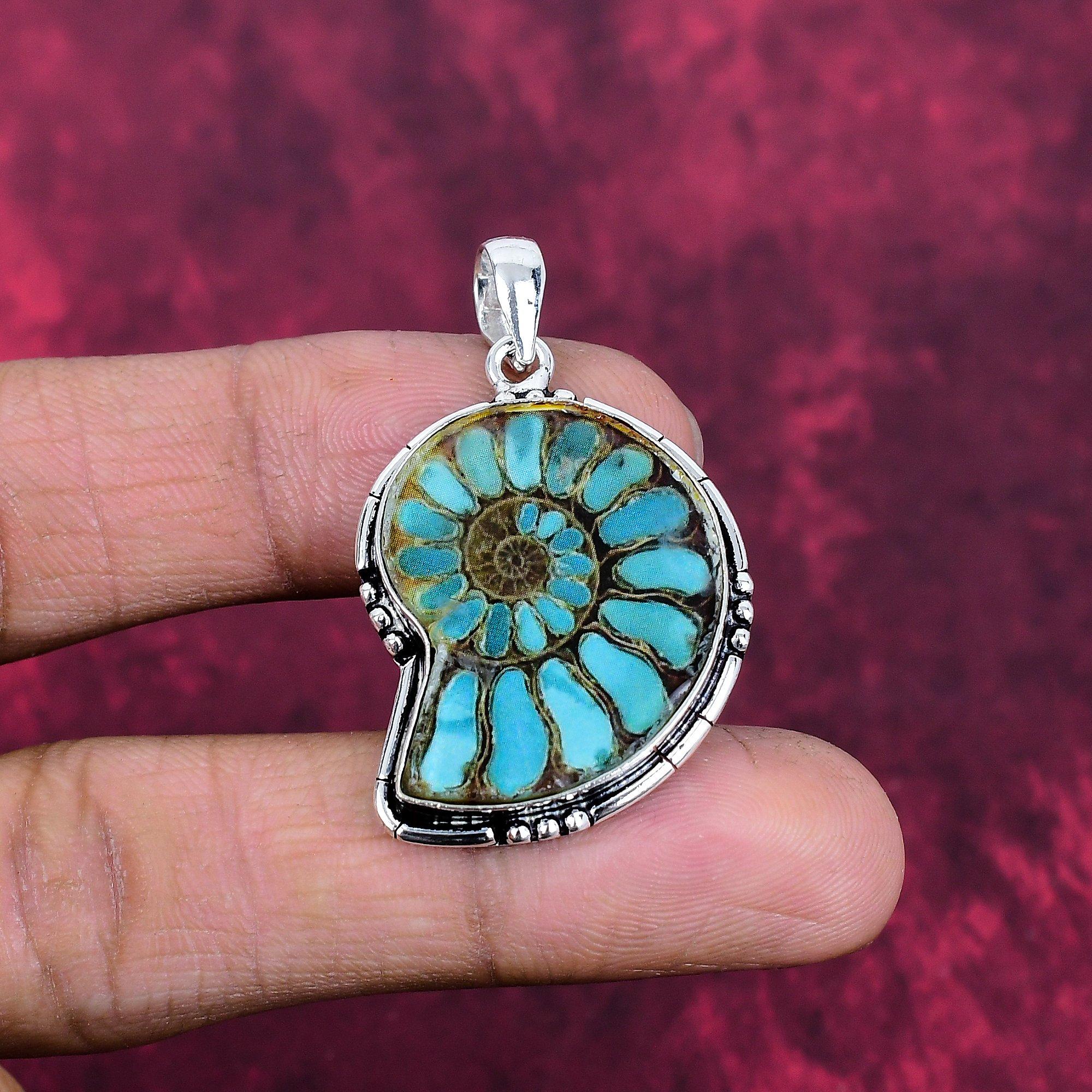 Blauer Ammonit Fossil Handgefertigter Silberanhänger, 925 Sterlingsilber Boho Anhänger, Schöner Rutil Edelstein Anhänger Geschenk für die Liebe