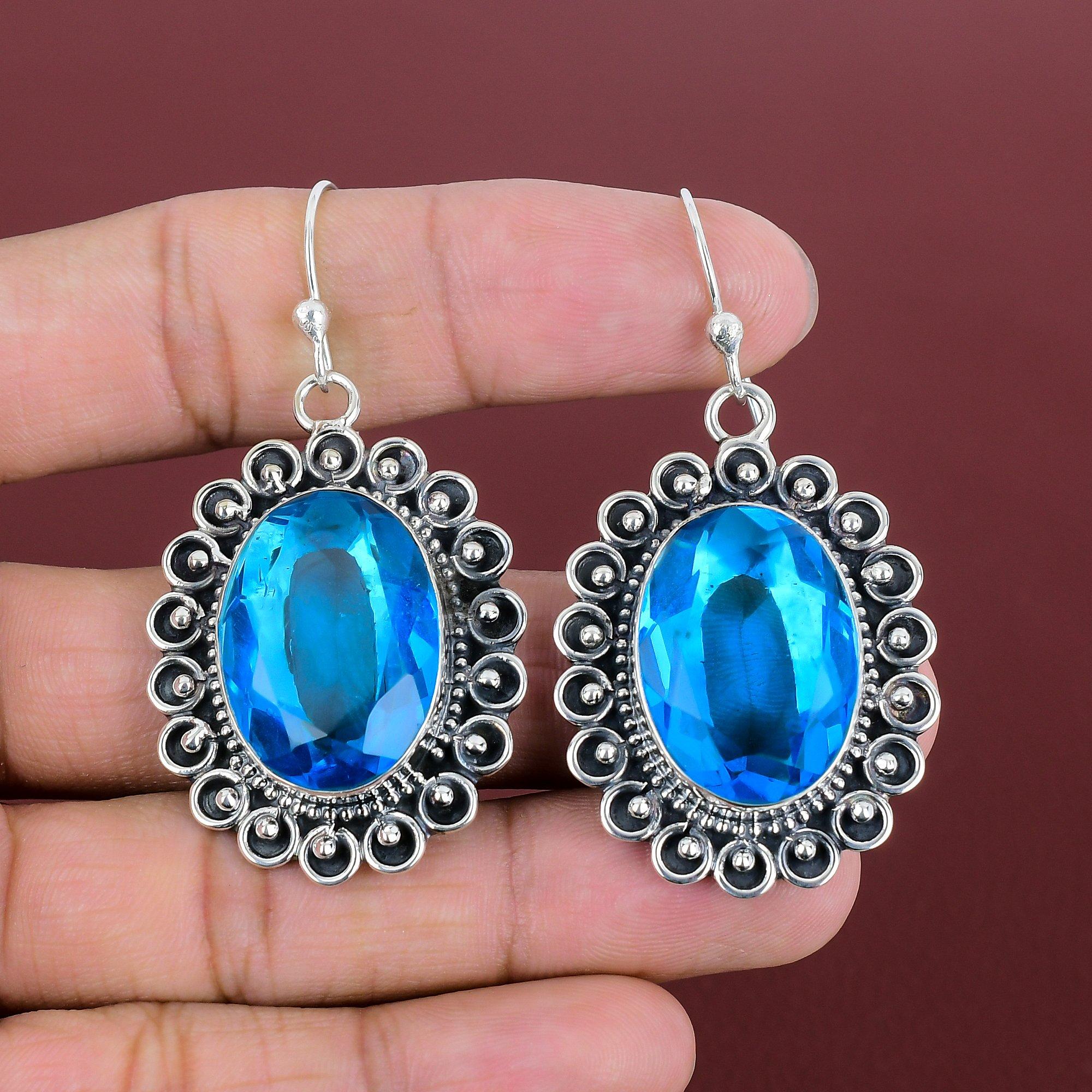 Faceted Swiss Blue Topaz Earring 925 Sterling Silver Earring Decent Jewelry Real Gemstone Earrings Swiss Blue Topaz Jewelry Handmade Earring