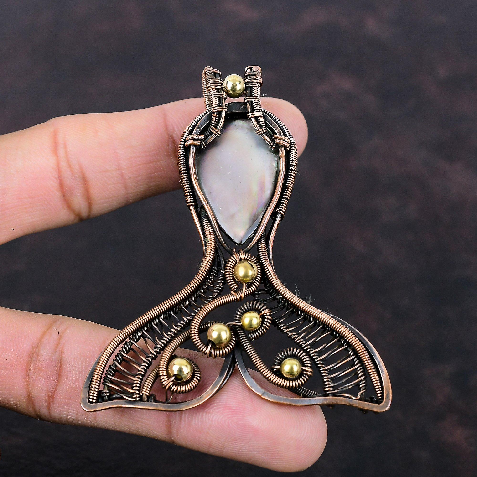 Black Mother Of Pearl Pendant Copper Wire Wrapped Pendant Handmade Pendant Gemstone Copper Jewelry Fish Pendant Gift For Women Boho Pendant