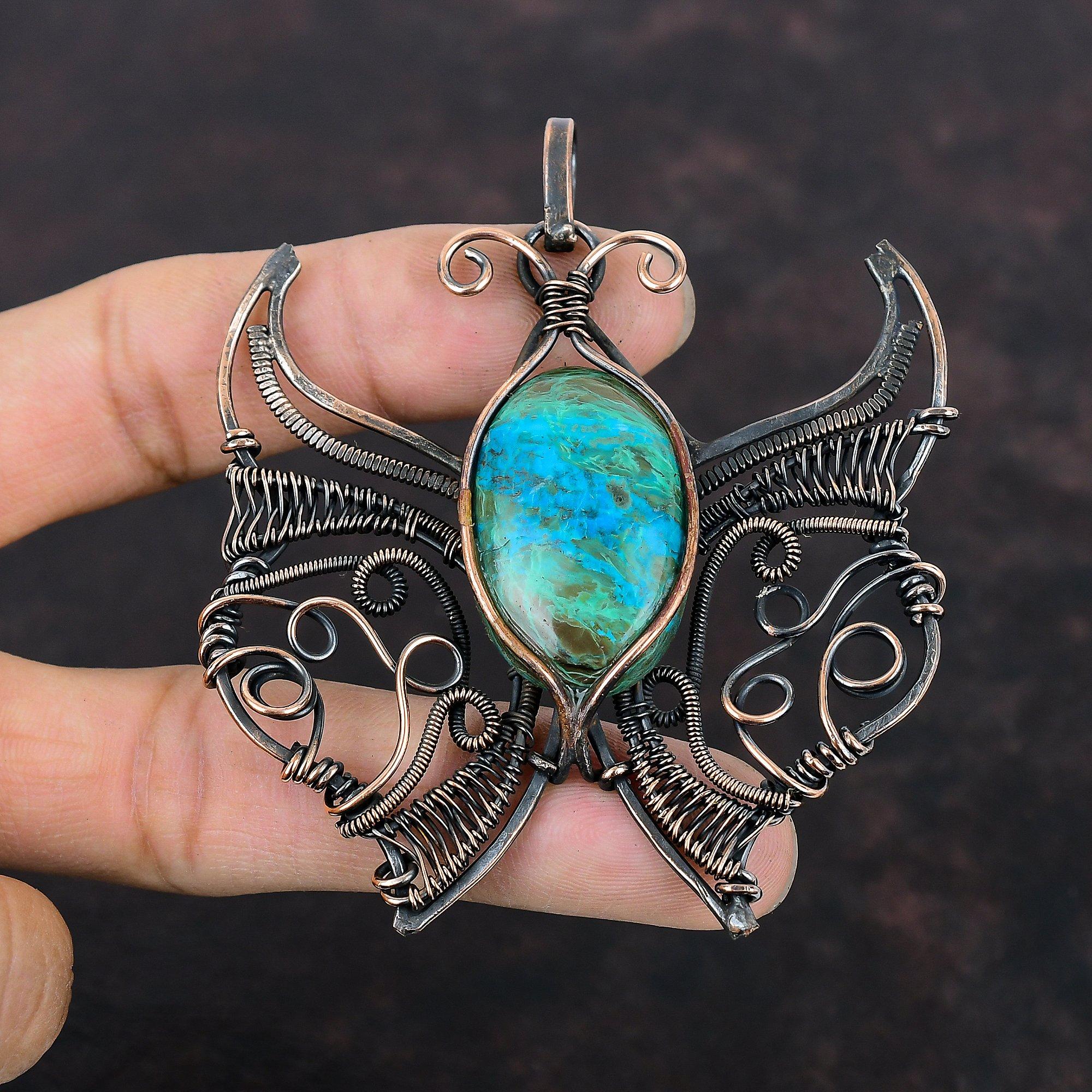 Chrysocolla Pendant Copper Wire Wrapped Butterfly Pendant Gemstone Pendant Wire Wrap Jewelry Handmade Pendant Copper Jewelry Wedding Gifts