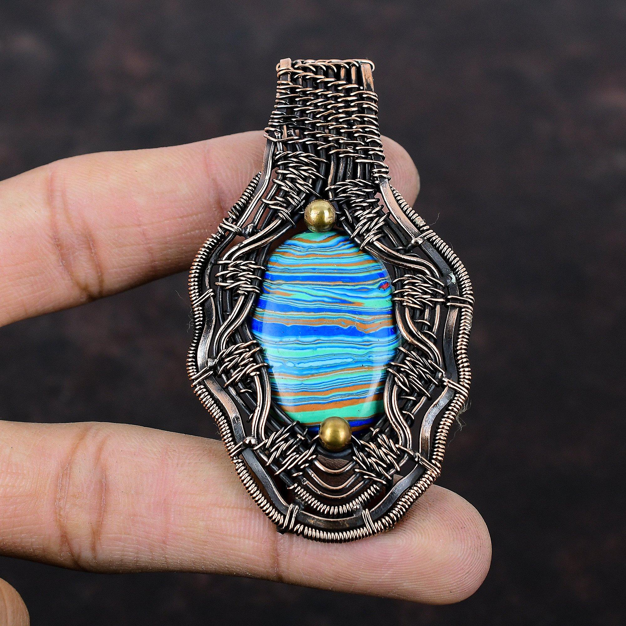 Rainbow Calsilica Gemstone Pendant Copper Wire Wrapped Pendant Rainbow Calsilica Jewelry Handmade Pendant Unique Copper Jewelry Gift For Her