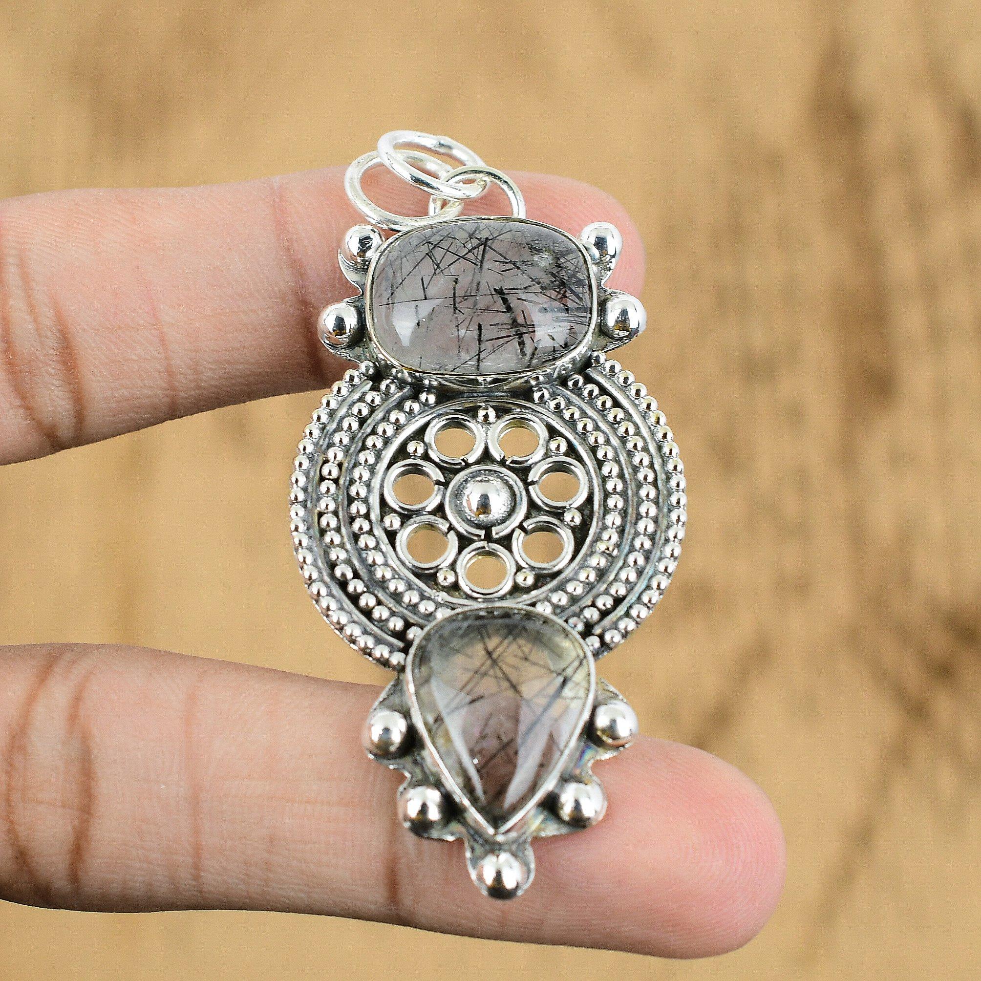 Natural Black Rutile Gemstone Pendant 925 Sterling Silver Jewelry For Women