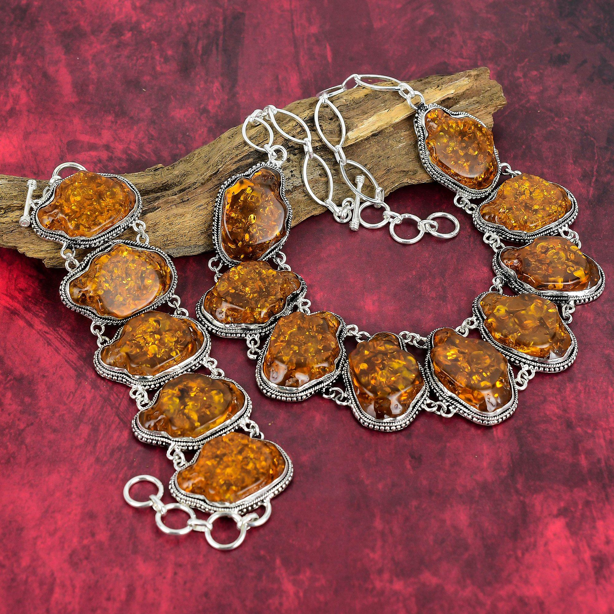 Baltic Amber 925 Solid Sterling Silver Bracelet & Necklace Jewelry, Handmade Jewelry Set, Beauteous Natural Amber Gemstone Jewelry For Women