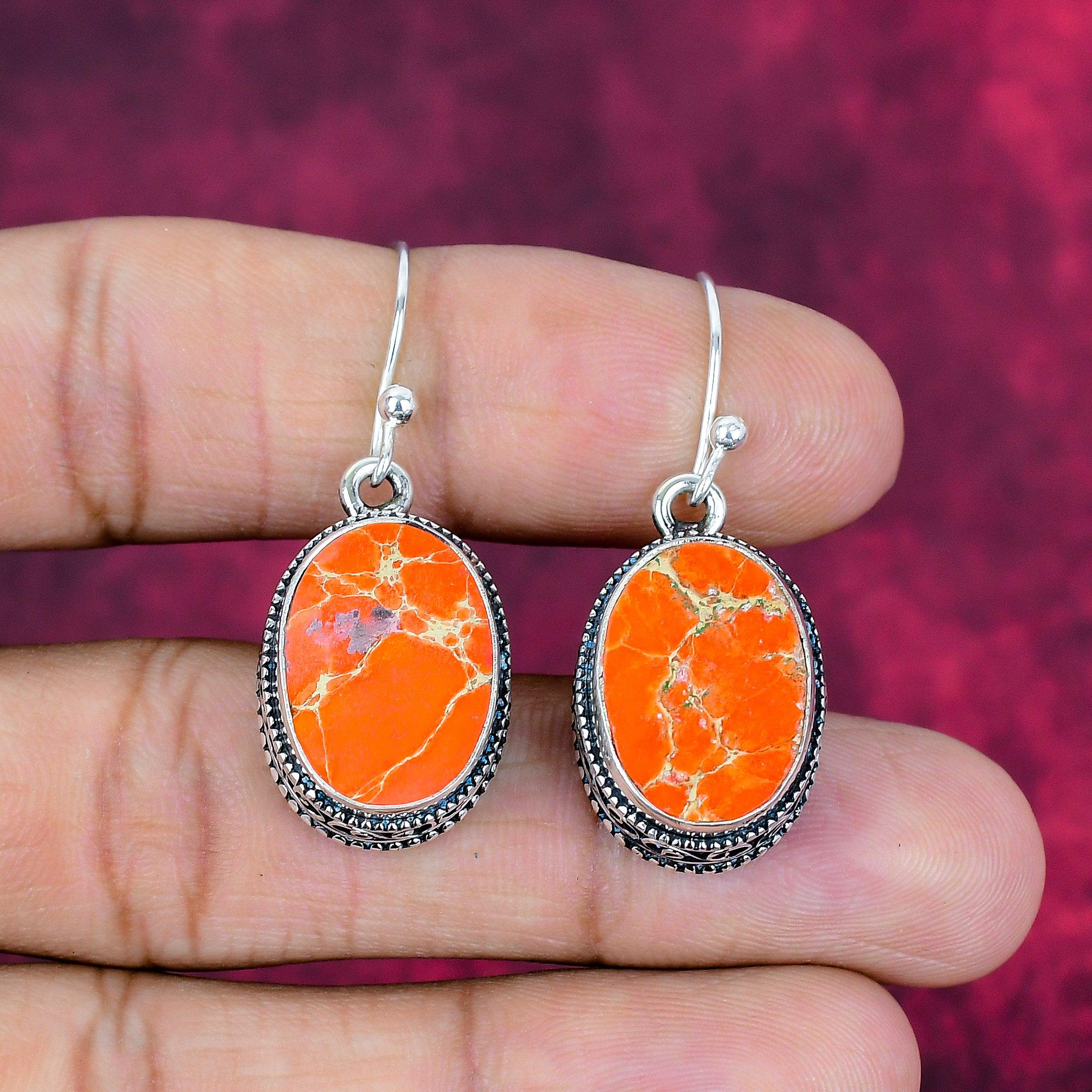 Orange Sea Sediment Earrings, 925 Solid Sterling Silver Gemstone Jewelry, Handmade Earrings, For Mother Day