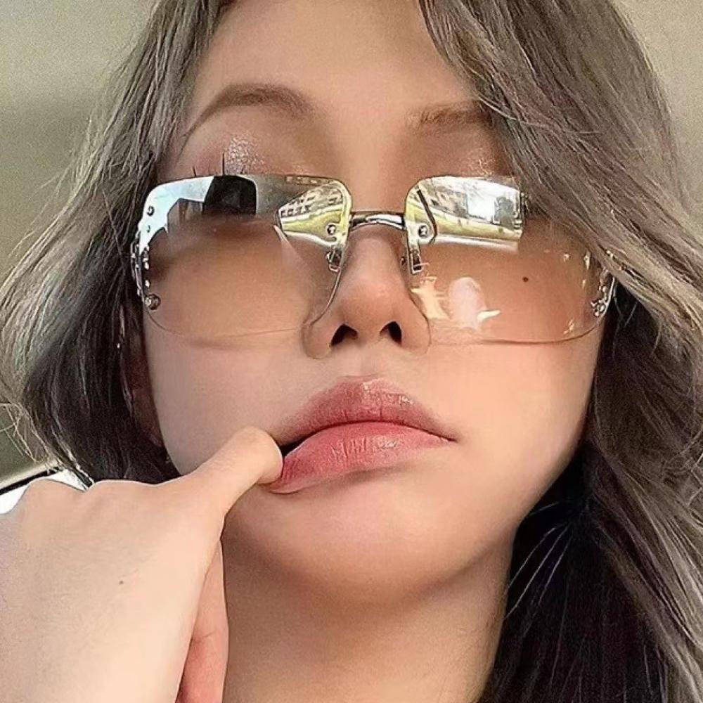 Frameless diamond sunglasses female Spice Girl concave shape ins Internet celebrity sunglasses UV protection large frame thin