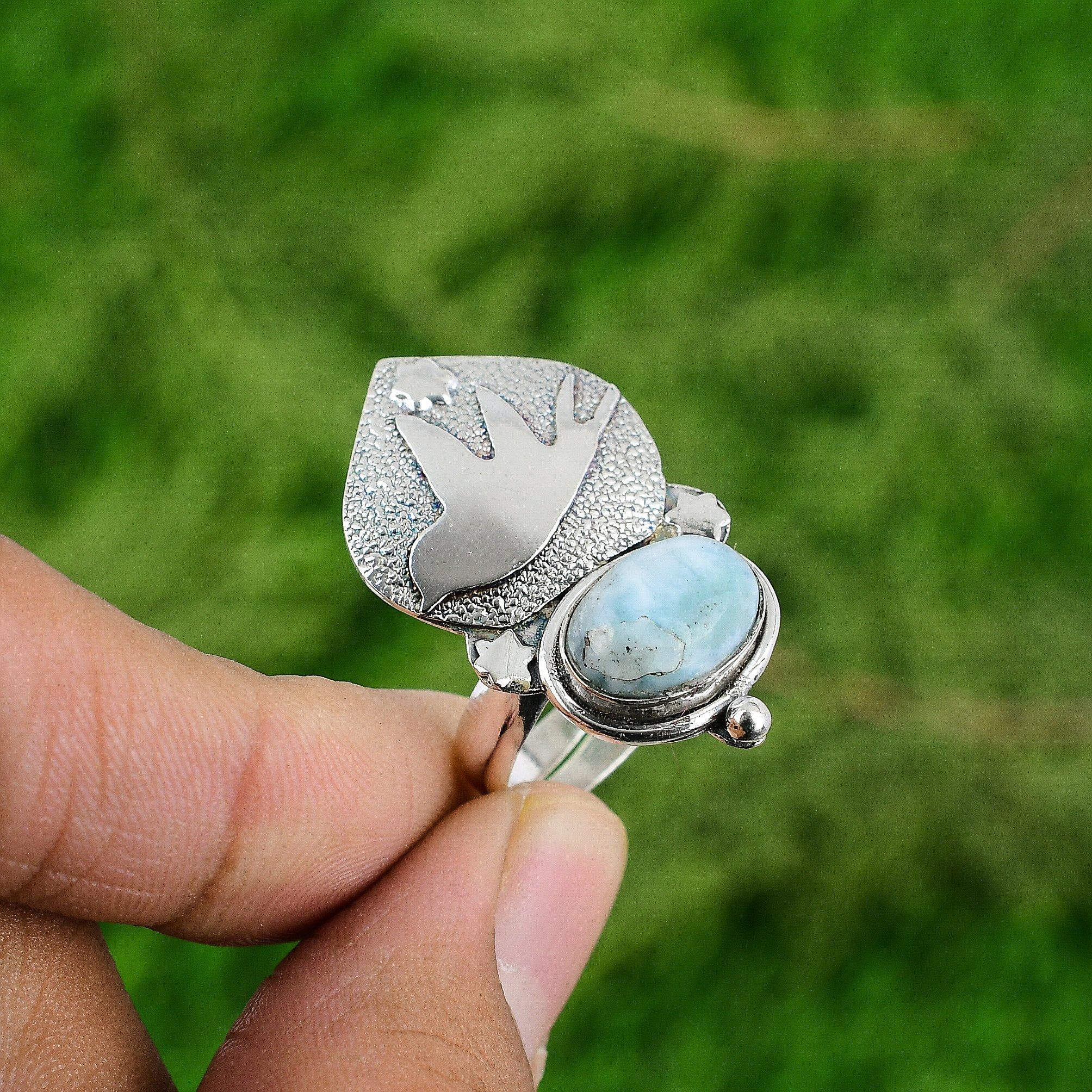 Womens day Sale Natural Larimar Bezel Stackable Daughter Wedding Ring 925 Silver