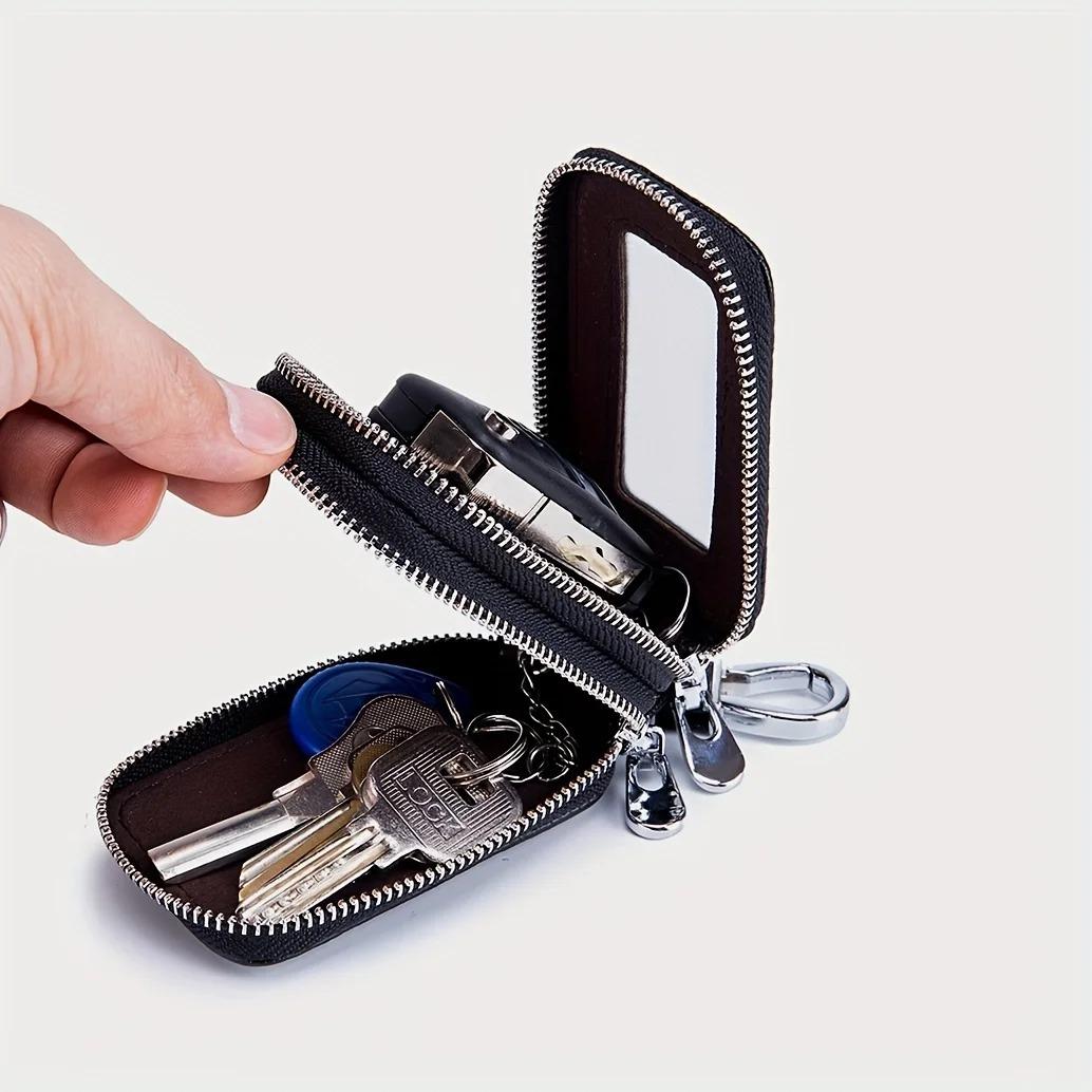 Cowhide PU Leather Double-Layer Key Case Secure Waist Hanging Car Key Storage - Stylish Mini Bag for Interior Accessories