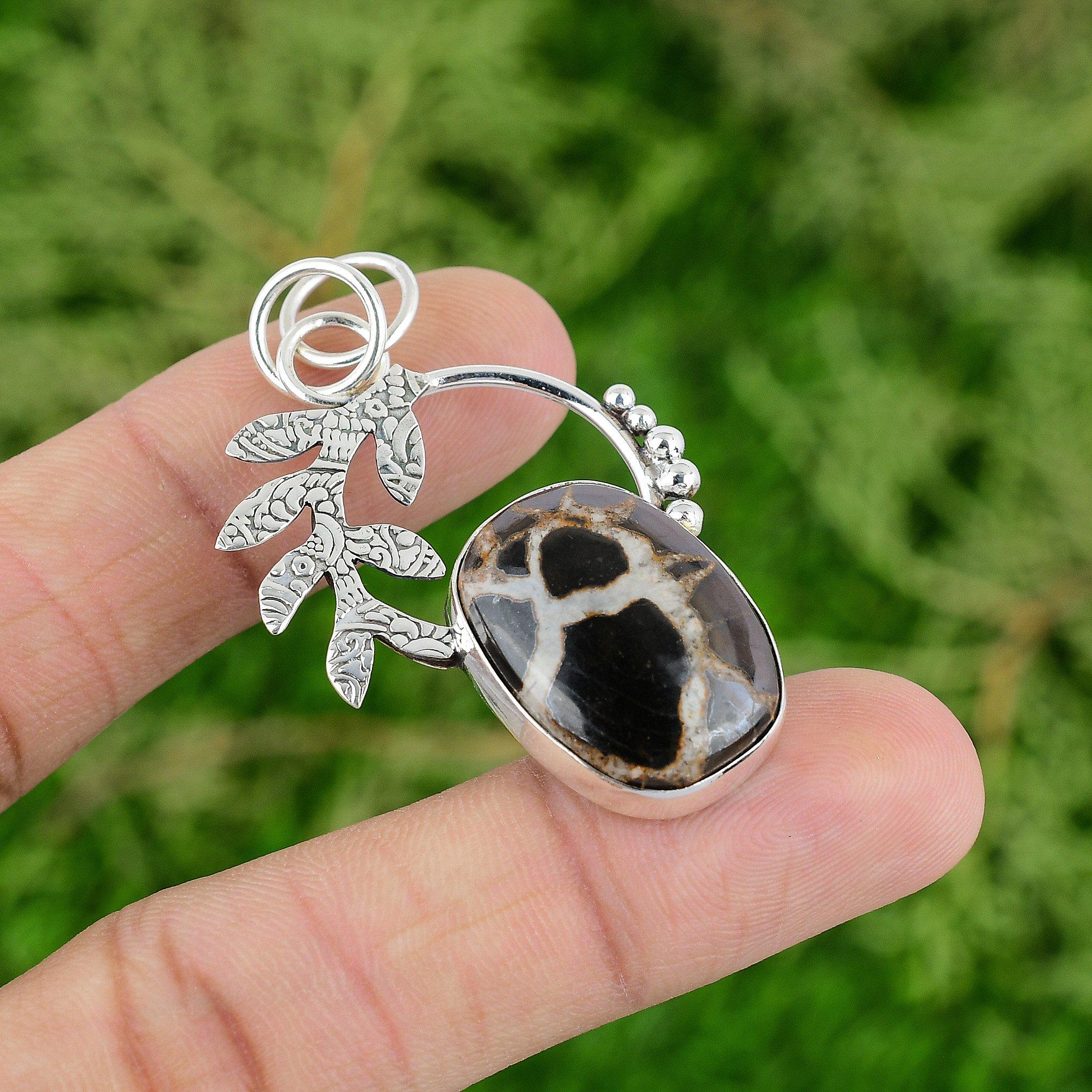 Natural Moroccan Mud Crack Fossil 925 Silver Wedding Wife Bezel Ethnic Pendant