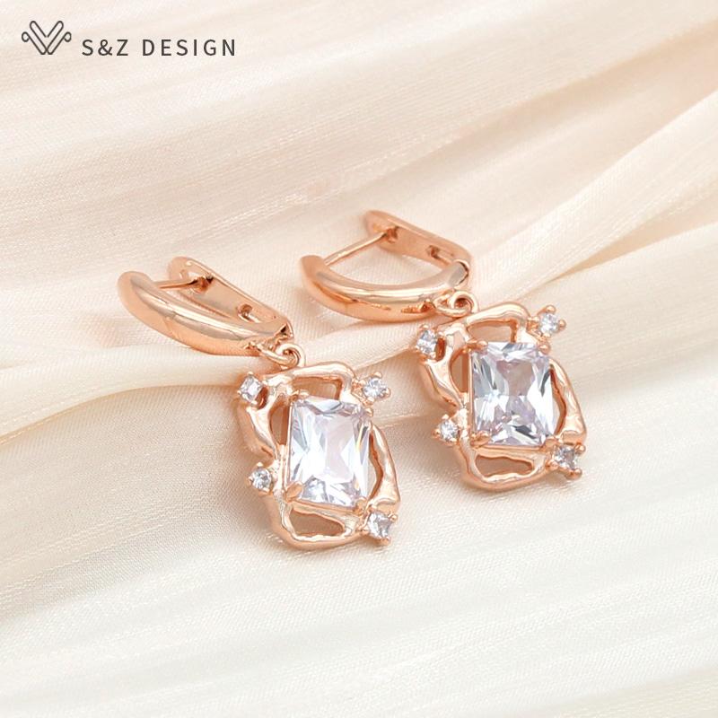 Fashion Irregular Rose Gold Color Square Cubic Zirconia Drop Earrings For Women Wedding Fine Jewelry Gift