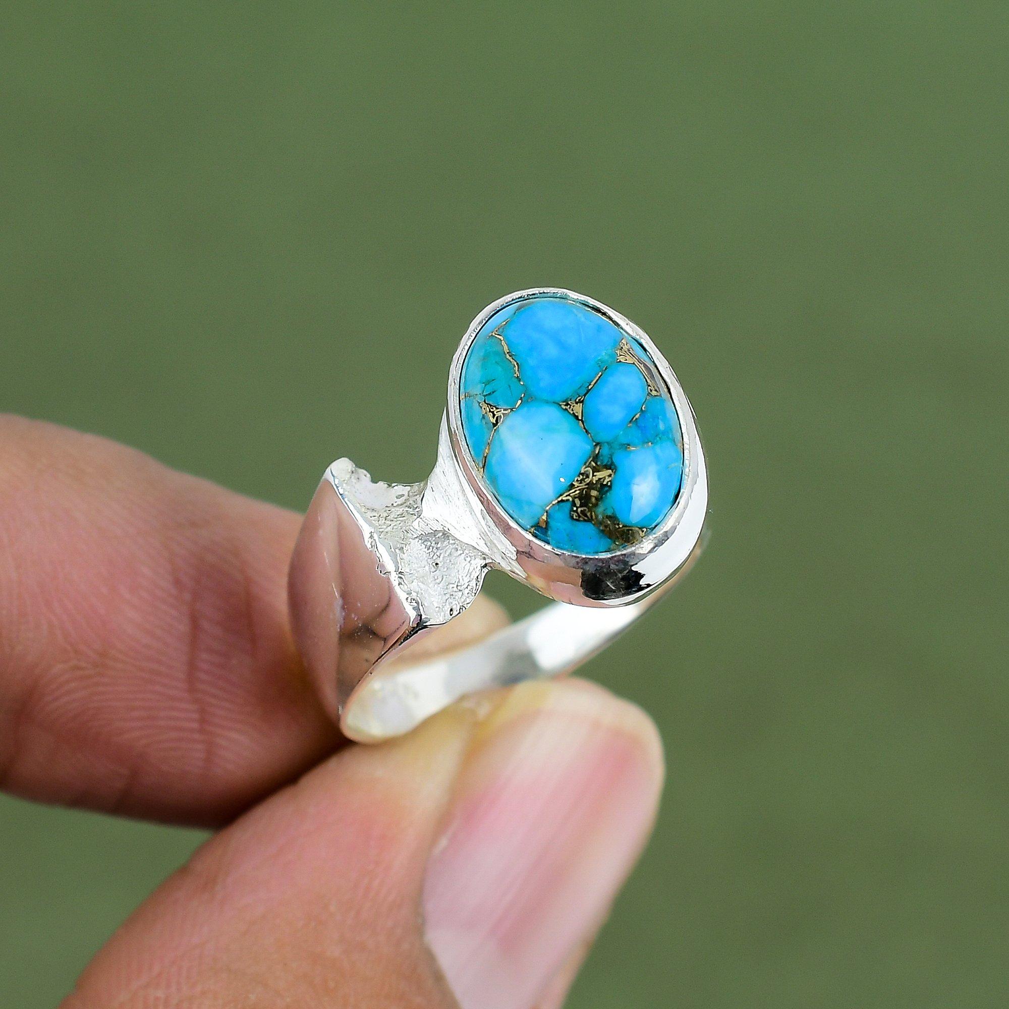 Copper Blue Turquoise Ring 925 Sterling Silver Ring Handmade Jewelry Amazing Ring Decent Gemstone Ring Gift For Women Available In Ring Size