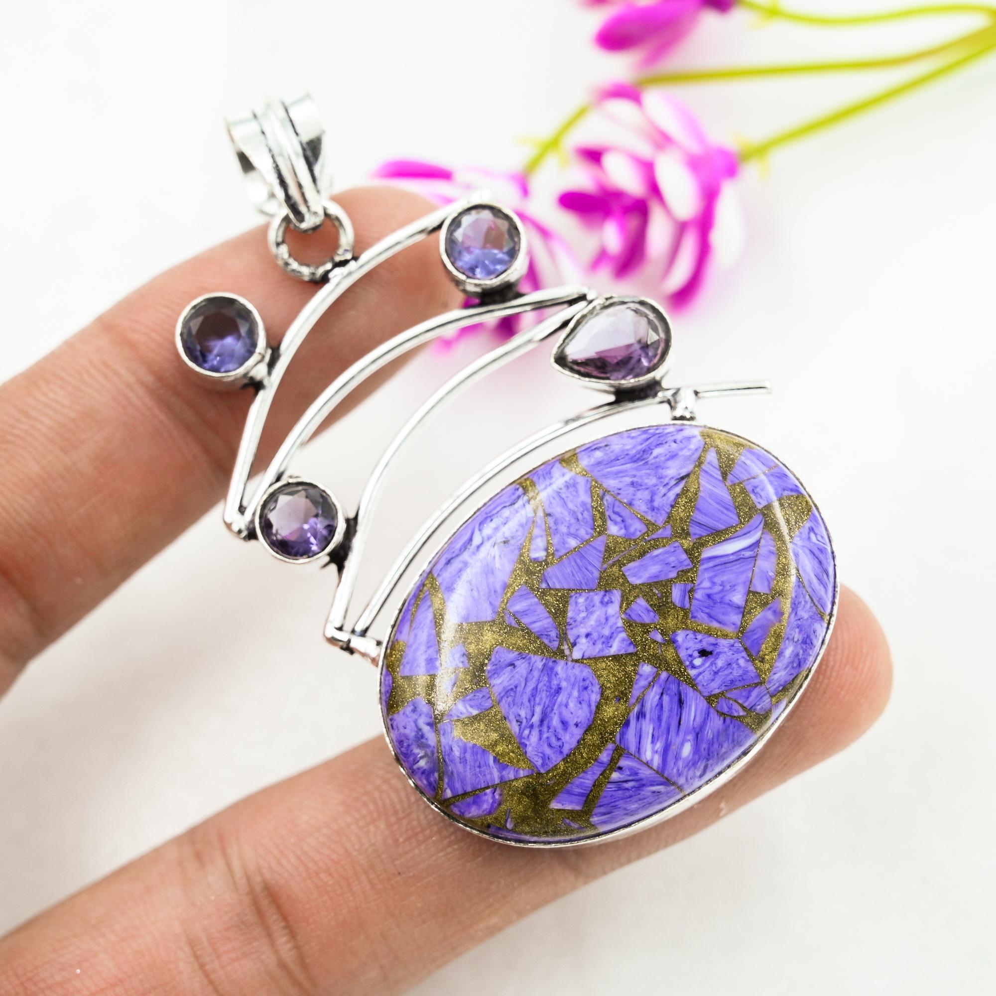Copper Charoite, Amethyst Pendant Gemstone Jewelry, 925 Solid Sterling Silver Pendant, Gift For Women Handmade Pendant