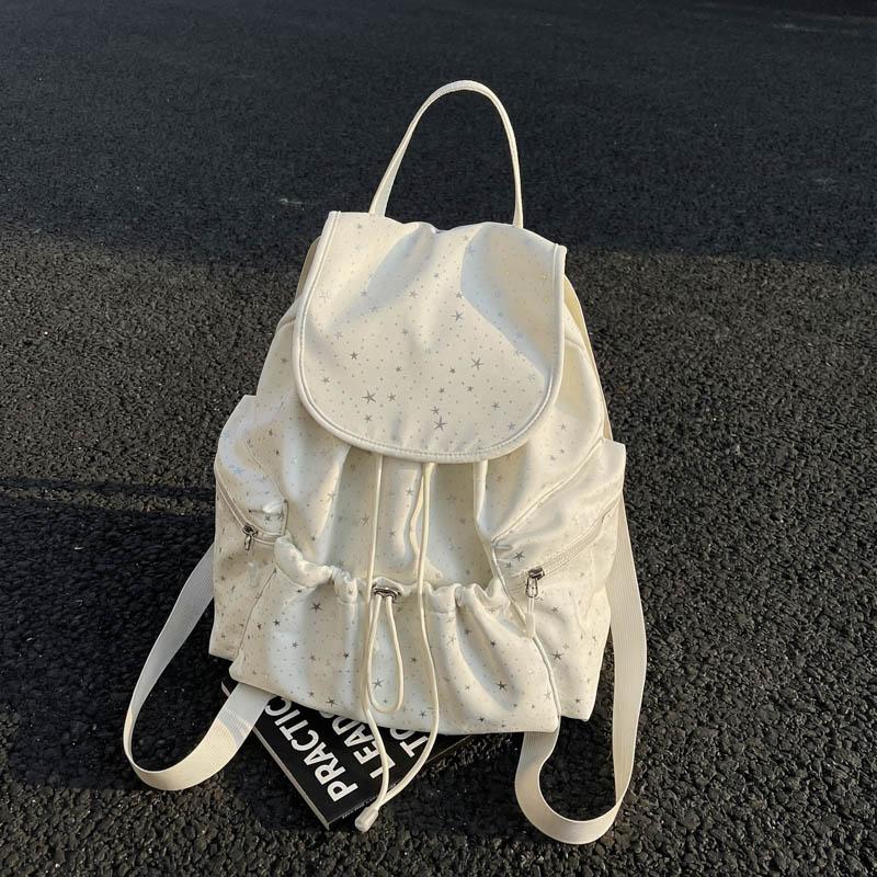 Womens Casual Star Print Backpack Drawstring Detail Adjustable Strap Large Capacity Minimalist Daily Bag for Commute Travel Everyday Use